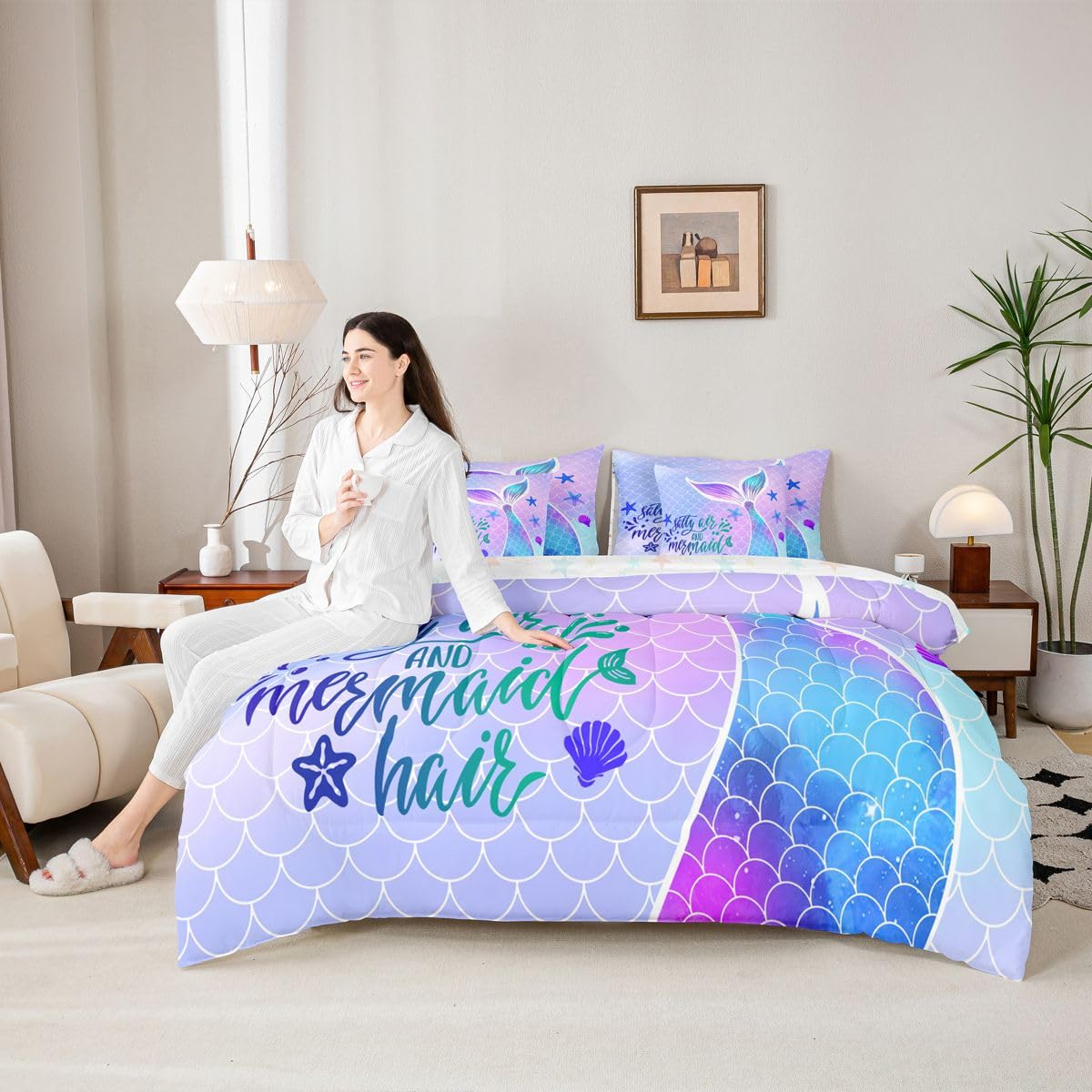 Mermaid Tail Queen Comforter Set with Sheets | Kids Fish Scales 7 Piece Bedding Set Girly Shell Starfish Ocean Life Sea Animal Bed in a Bag, Pastel Teal Purple Blue Kawaii Princess Room Decor