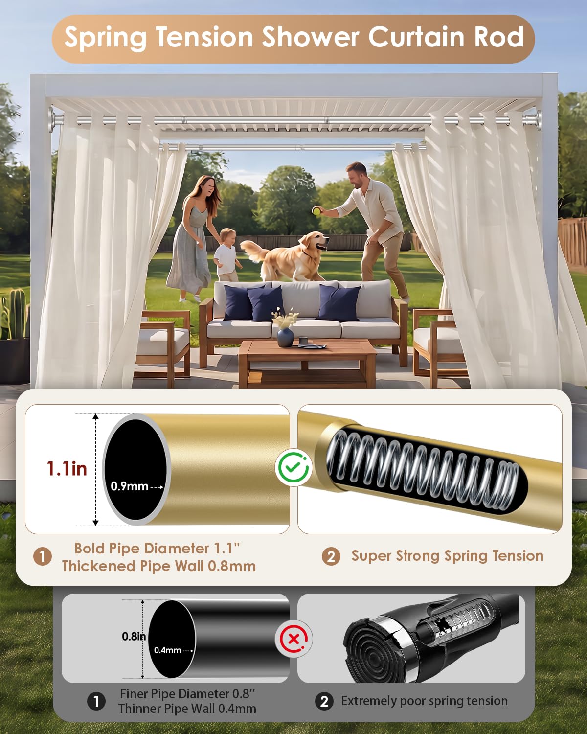 Haryaers Gold Tension Shower Curtain Rod 30-96 In (8ft) 1.1" Diameter Stainless Steel, Rustproof Heavy Duty, No Drilling Adjustable Room Divider for Bathroom Window Patio Closet