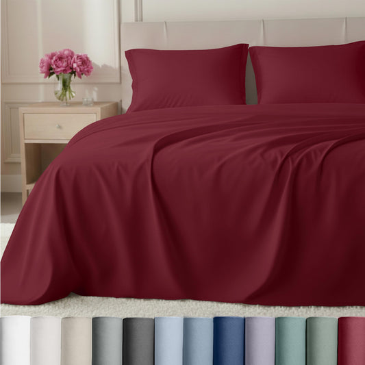 California Design Den Natural 100% Cotton Sheets Queen Size Bed Set Deep Pockets - Luxury Hotel 800 Thread Count, Soft Sateen Cotton Bed Sheets Queen, Durable Bedding Set - Red Wine