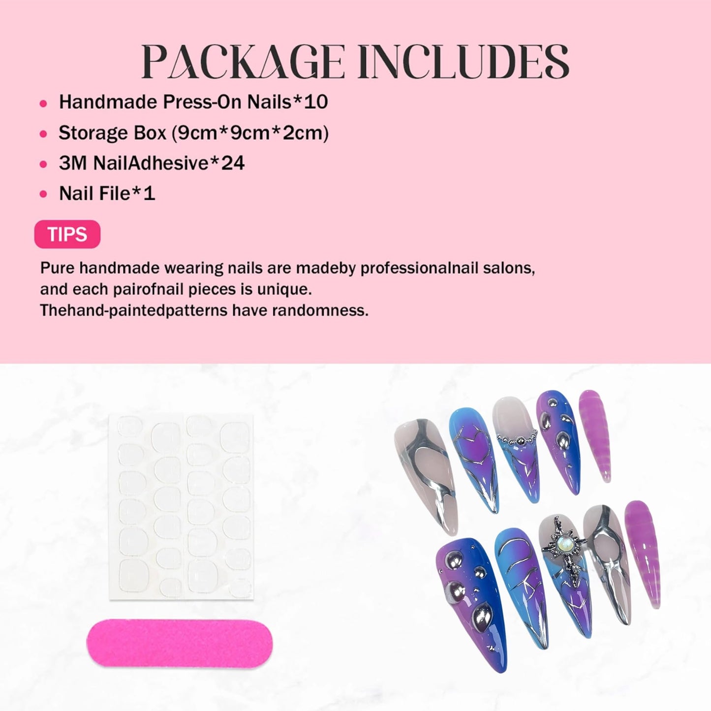 10Pcs Blue Handmade False Nails Long Almond Press on Nails Ombre Fake Nails with 3D Swirl and Charms Design Acrylic Nails Press Ons Luxury Reusable Stick on Nail for Women (Size M)
