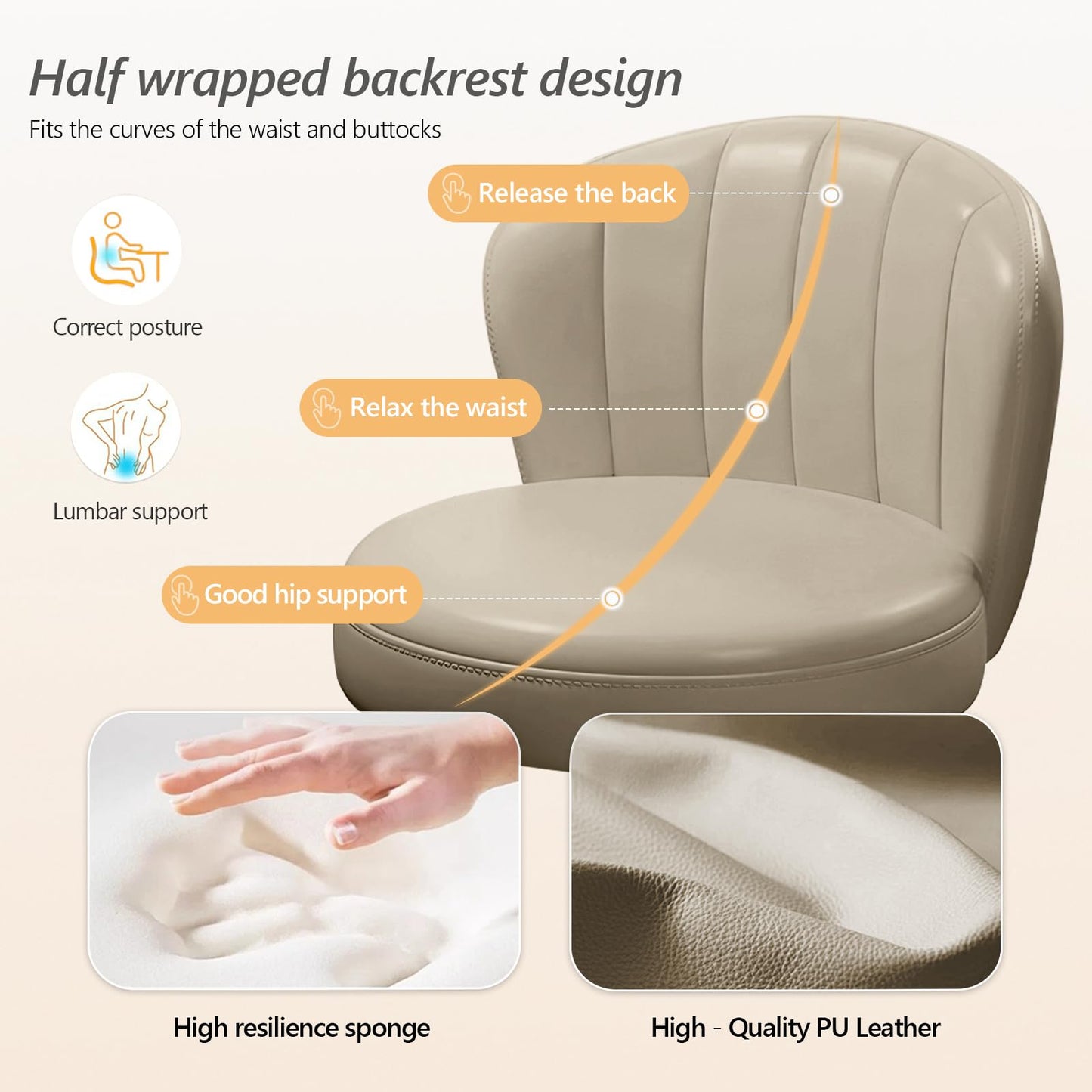 XUEGW Small Scallop Desk Chair with Back, Cute Armless Rolling Vanity Chair with PU Leather, Comfy Office Task Computer Chairs Height Adjustable for Bedroom