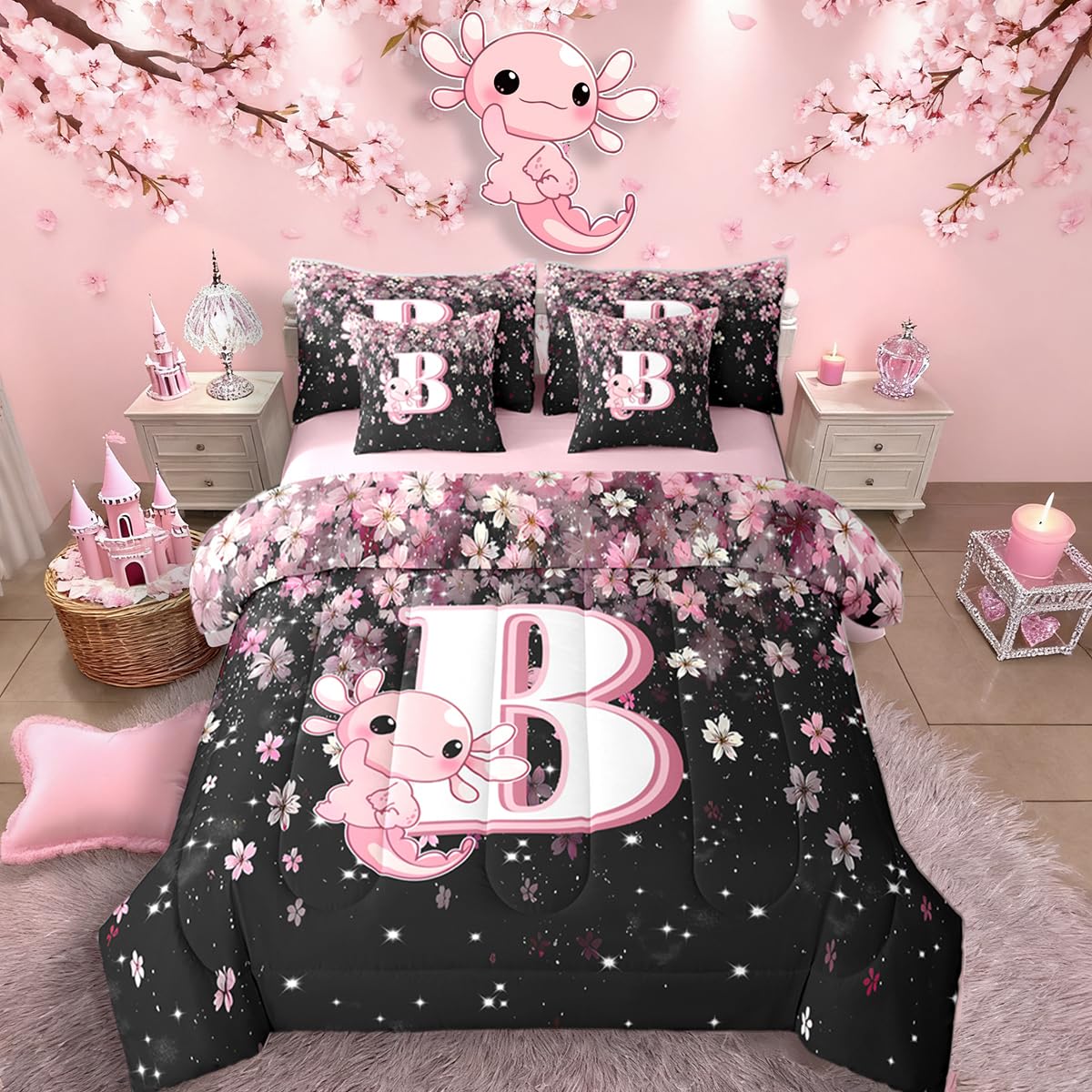 Erosebridal 7 Pieces Cute Letter Initial B Bedding Set Twin Size | Cute Axolotl Comforter Set with Sheets for Kids Girls Teens Pink and White Cherry Blossom Quilt Sets Kawaii Axolotl Bed in A Bag