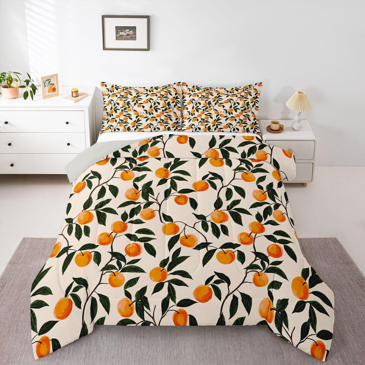 Manfei Cartoon Oranges 2Pcs Comforter Set Twin Size Country Rustic Bedding Set Kids Teens Adult Room Decor Botanical Themed Duvet Insert,1 Pillowcase Cute Fruit Printed
