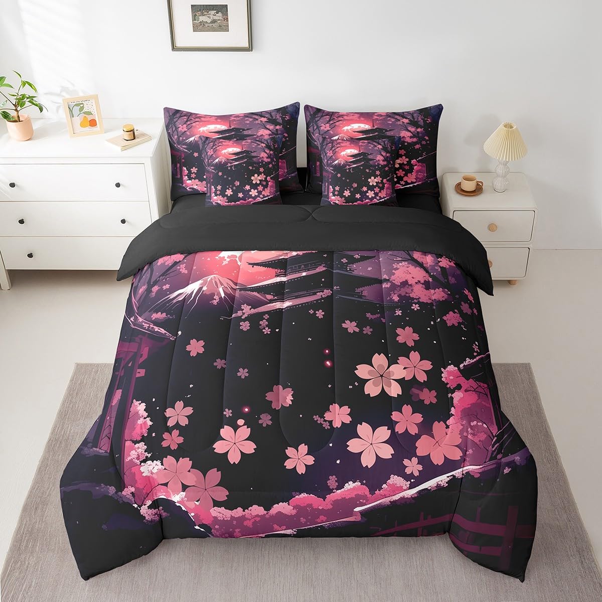 Erosebridal Pink Cherry Blossom Queen Comforter Set,Japanese Style Floral Bed Set 7 Piece for Kids Girls Women,Oriental Aesthetic Bedding Set Mountain Scene Bed in a Bag with Fitted Sheet,Flat Sheet