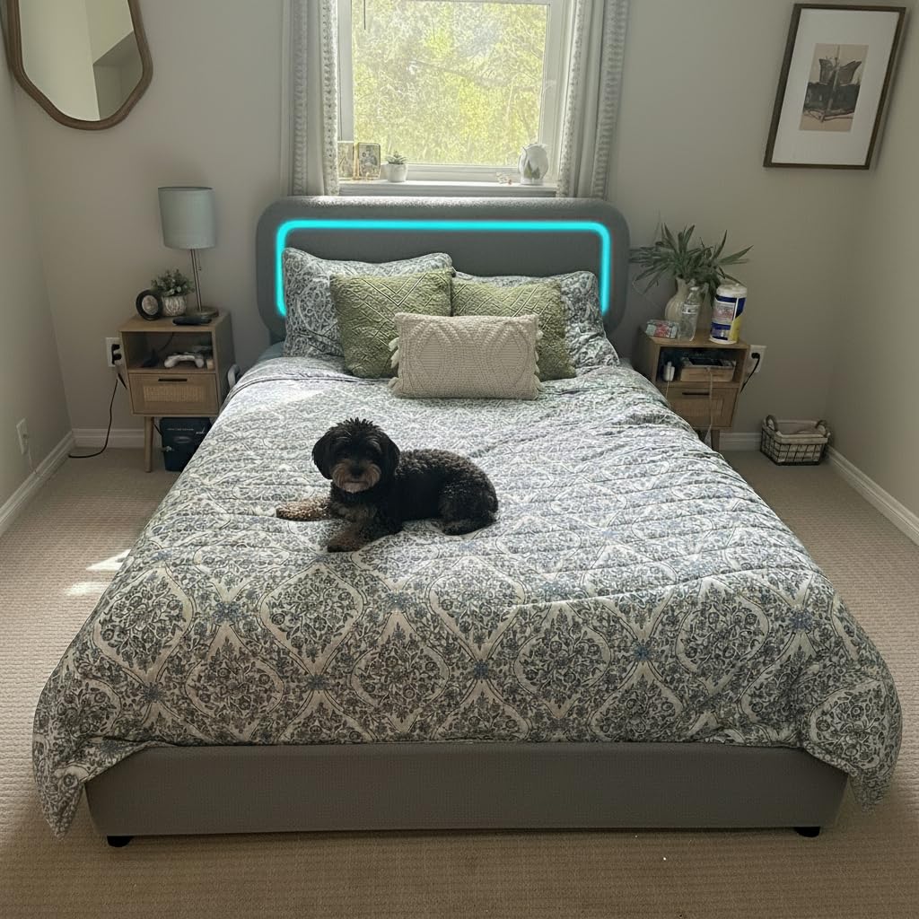 Homkdom Upholstered Full Bed Frame with Led Lights,Boucle Upholstered Full Size Bed Frame with Headboard,Soft Bed Frame Full,Anti-Collision Round Corners,No Box Spring Needed,Modern,Grey
