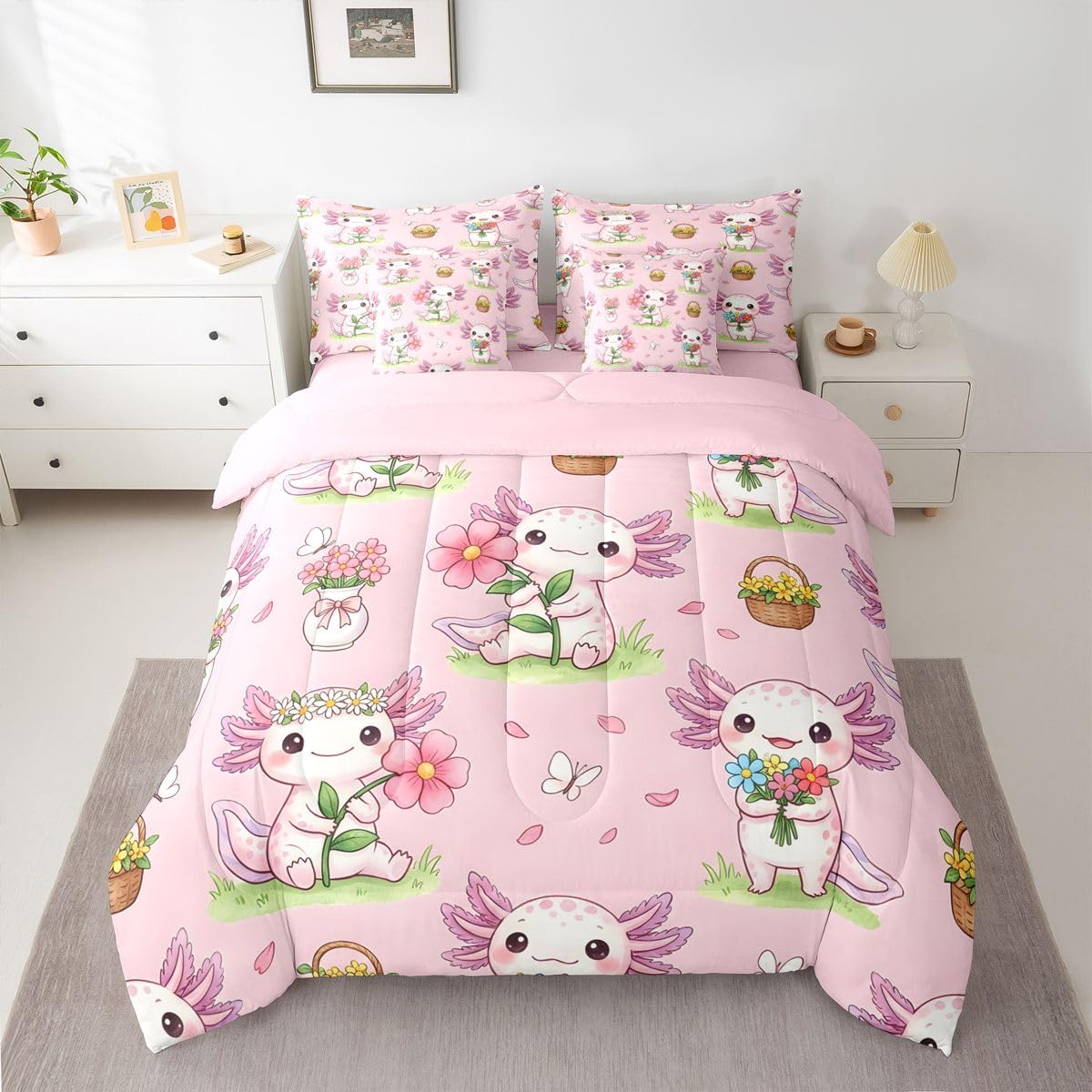 Pink Floral Axolotl Queen Bedding Set for Kids Girls Teens Cute Axolotl Comforter Set with Flat and Fitted Sheet Spring Garden Pink Flowers 7-Piece Bed in a Bag Girly Dreamy Pastoral Petals Quilt Sets