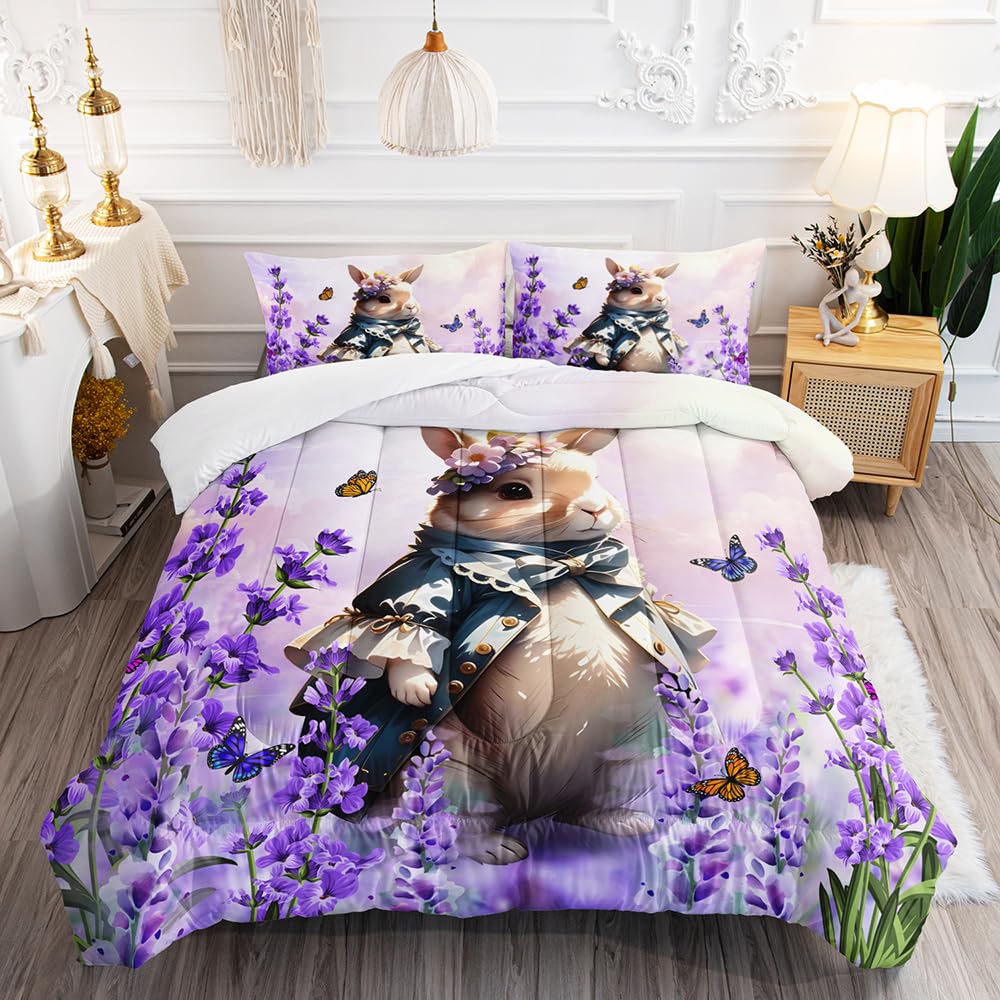 XYNHML Lavender Rabbit Comforter Twin Kids Rabbit Bedding Set Cute Bunny Quilt Bed Set Bedroom Decor Includes 1 Comforter, 2 Pillowcases for Girls Boys Teens