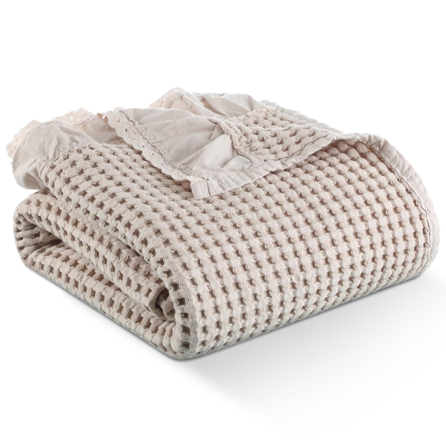 Tegeme Waffle Weave Blanket 43" x 63" 100% Cotton Neutral Boho Farmhouse Woven Knitted Beige Throw with Ruffles Warm Soft Cozy Throw Blanket Decorative Breathable for Couch Bed Sofa