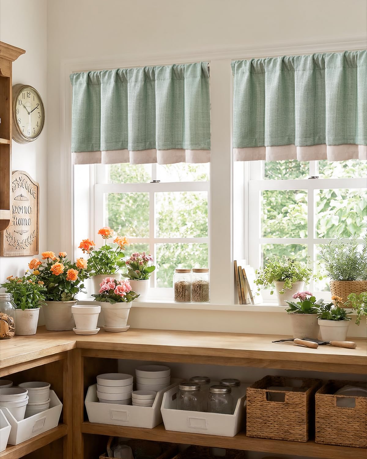 jinchan Faux Linen Valance Kitchen Curtain Light Filter Double Layer 18in