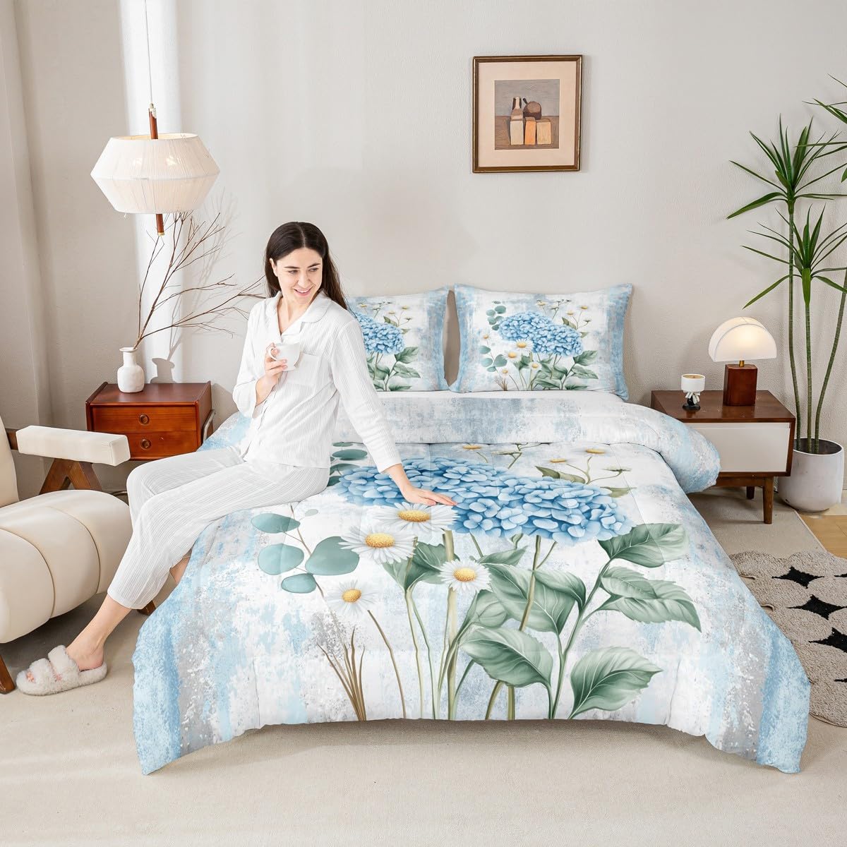 Erosebridal Blue Hydrangea Flower Queen Comforter Set Spring Blossom Bedding Set Abstract Oil Painting Bed Set Watercolor Floral Rustic Farmhouse Quilt Set Ombre Blue Grey Design for Adults