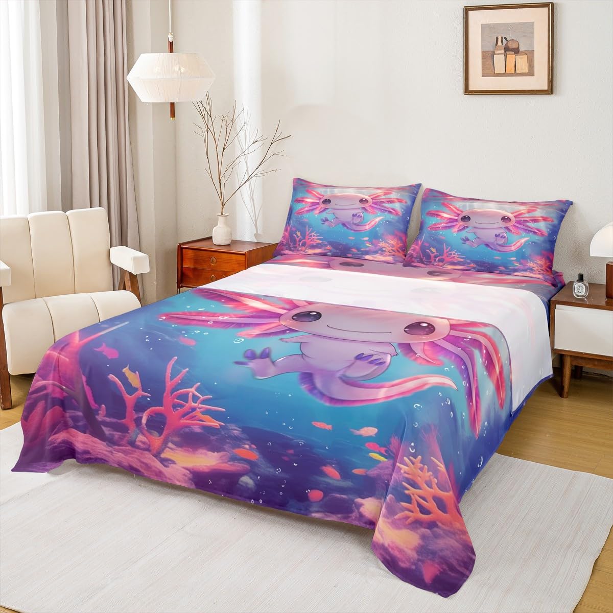 Erosebridal Cute Axolotl Bed Set Salamander Ocean Animal Bed Sheets Set Full Underwater World Flat Fitted Sheet for Girls Kids Adult,Maeine Life Bedding Sets for Bedroom Decor with 2 Pillow Cases