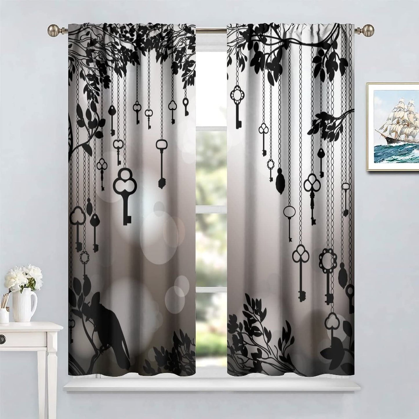 Gothic Crow Curtains, Black Birds Crow Decor Window Treatments for Living Room, Crow Black Dark Wings Thriller Curtain Drapes 2 Panels, 72x63 Inch