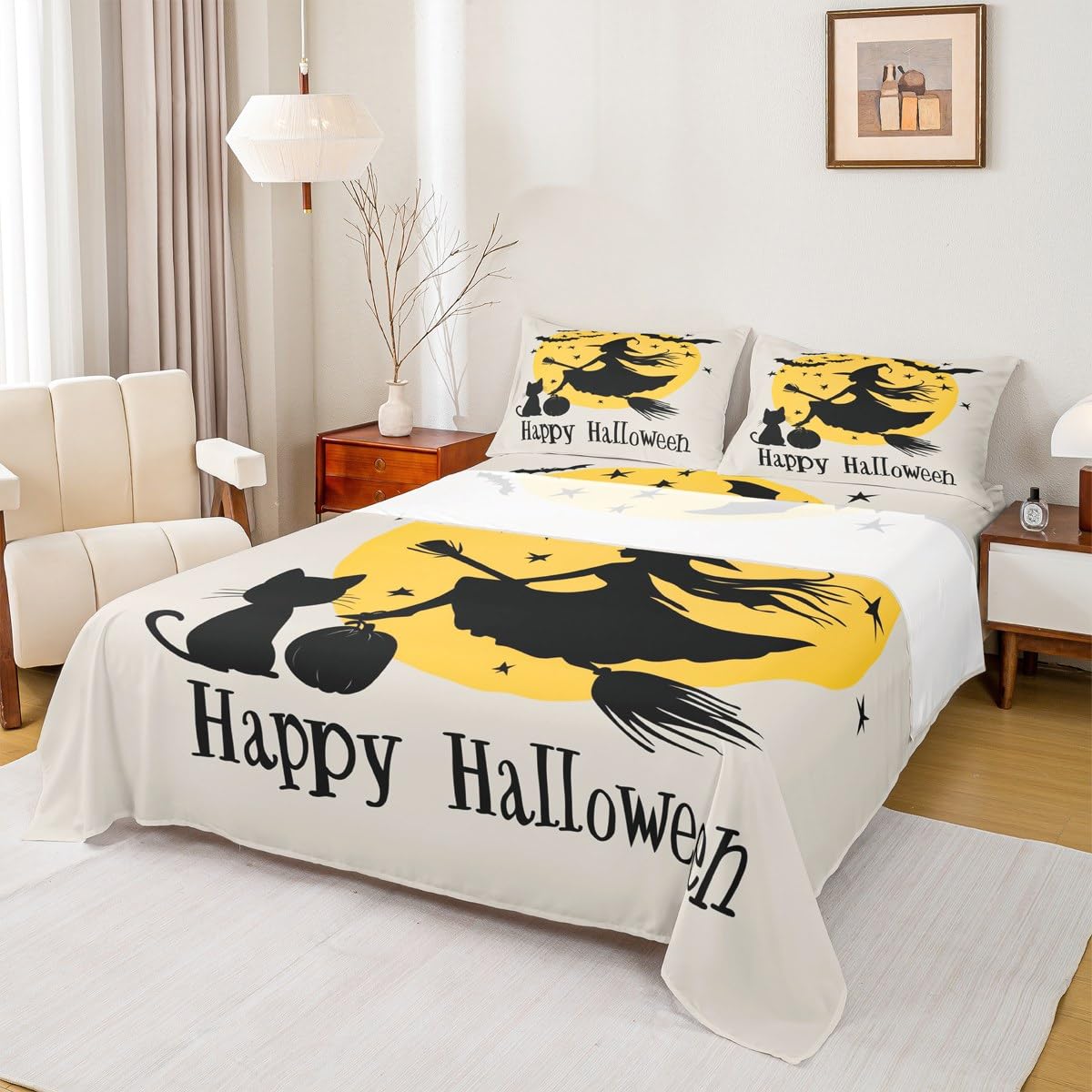 Feelyou Kids Halloween Sheet Set Full Size, Witch Bed Sheets Set Boys Girls Happy Halloween Bedding Set Black Bat Teens Bedroom Decor Microfiber Soft Bed Set