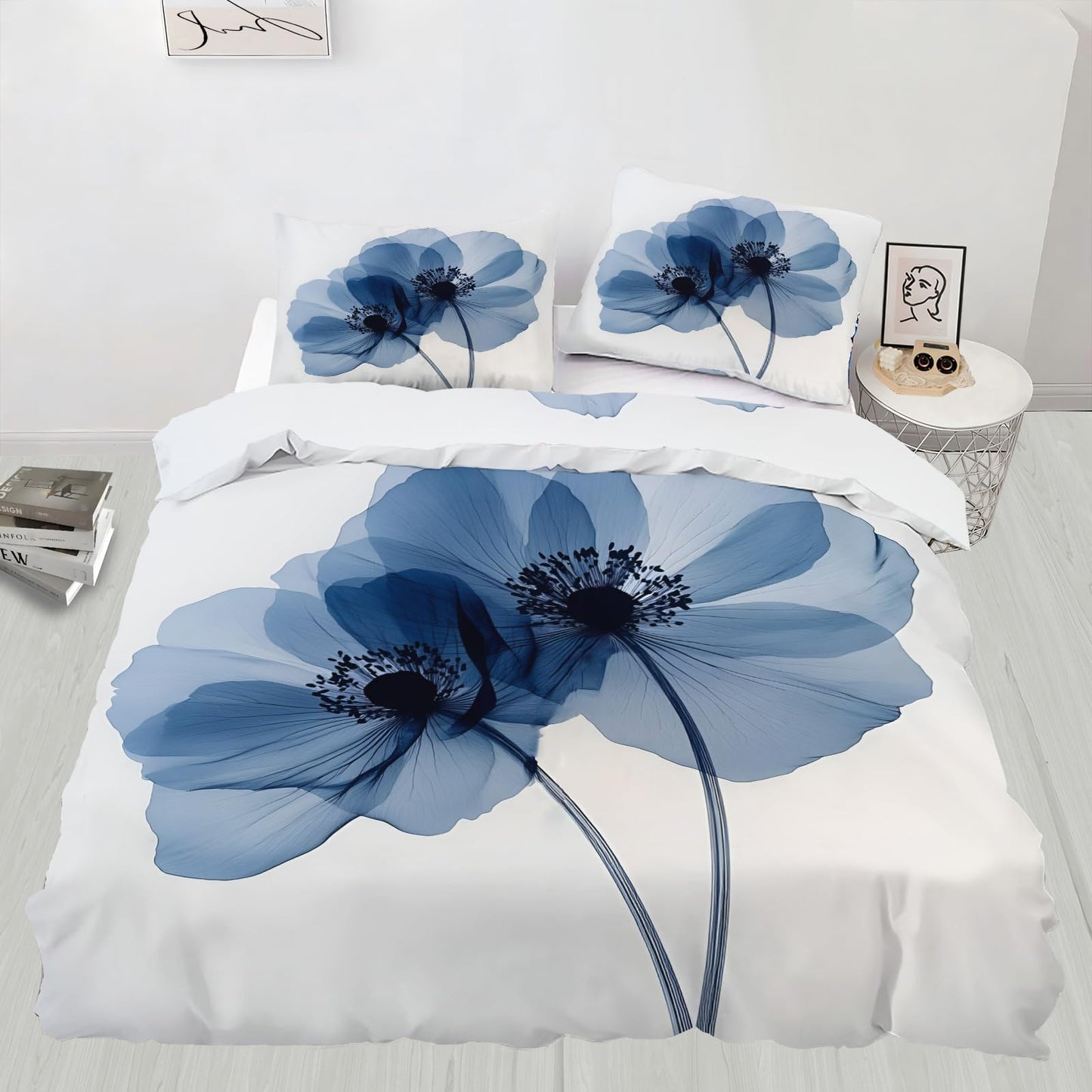 QINYUN Flower Duvet Cover King Size, Elegant Blue Flowers Bedding Set 3 Piece Bedroom Decor Modern Comforter Cover with Zipper Ties & 2 Pillowcases