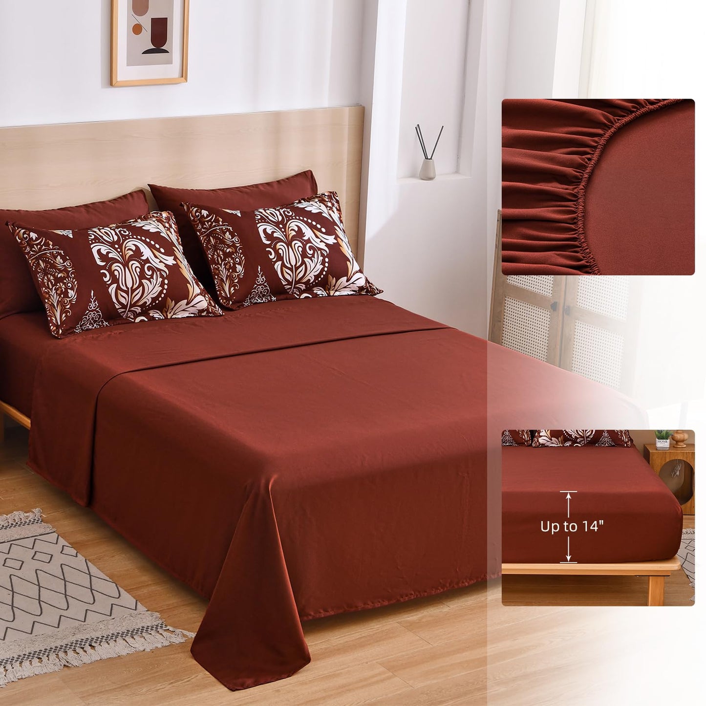 Anibedding Burgundy Comforter Set King Size, 7 Pieces Bed in a Bag Bohemian Damask Comforter Set, Soft Lightweight Microfiber Bedding Set for All Season (104"x90")