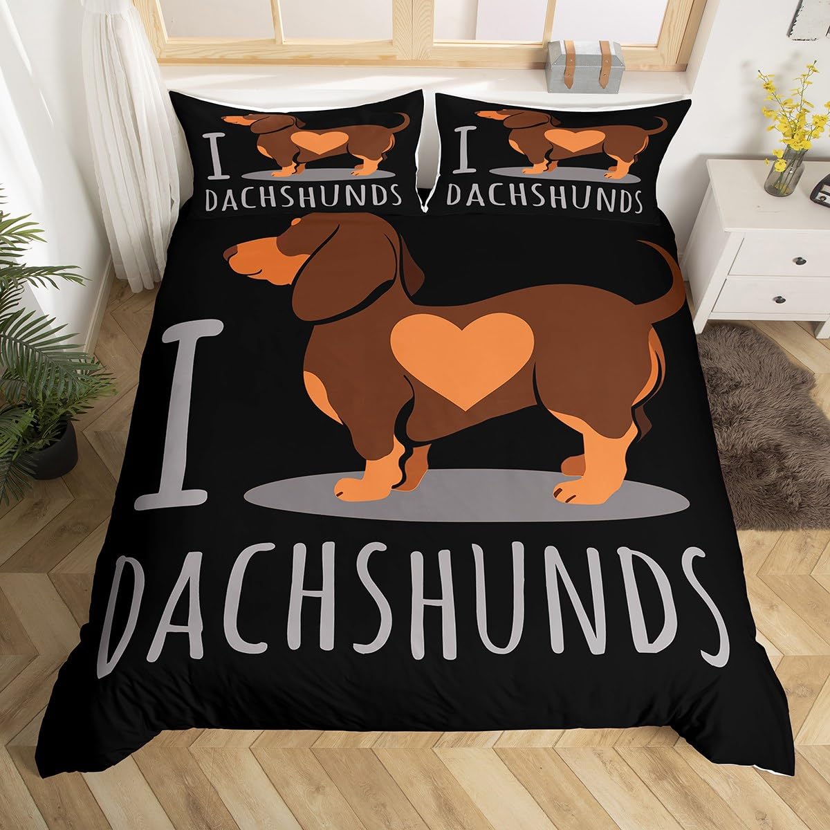 Feelyou Dachshund Sausage Duvet Cover Cartoon Puppy Dog Bedding Set Kids Boys Toddler Weiner Dog Comforter Cover Cute Dachshund Bedspread Bedroom Collection 3Pcs King Size,Black