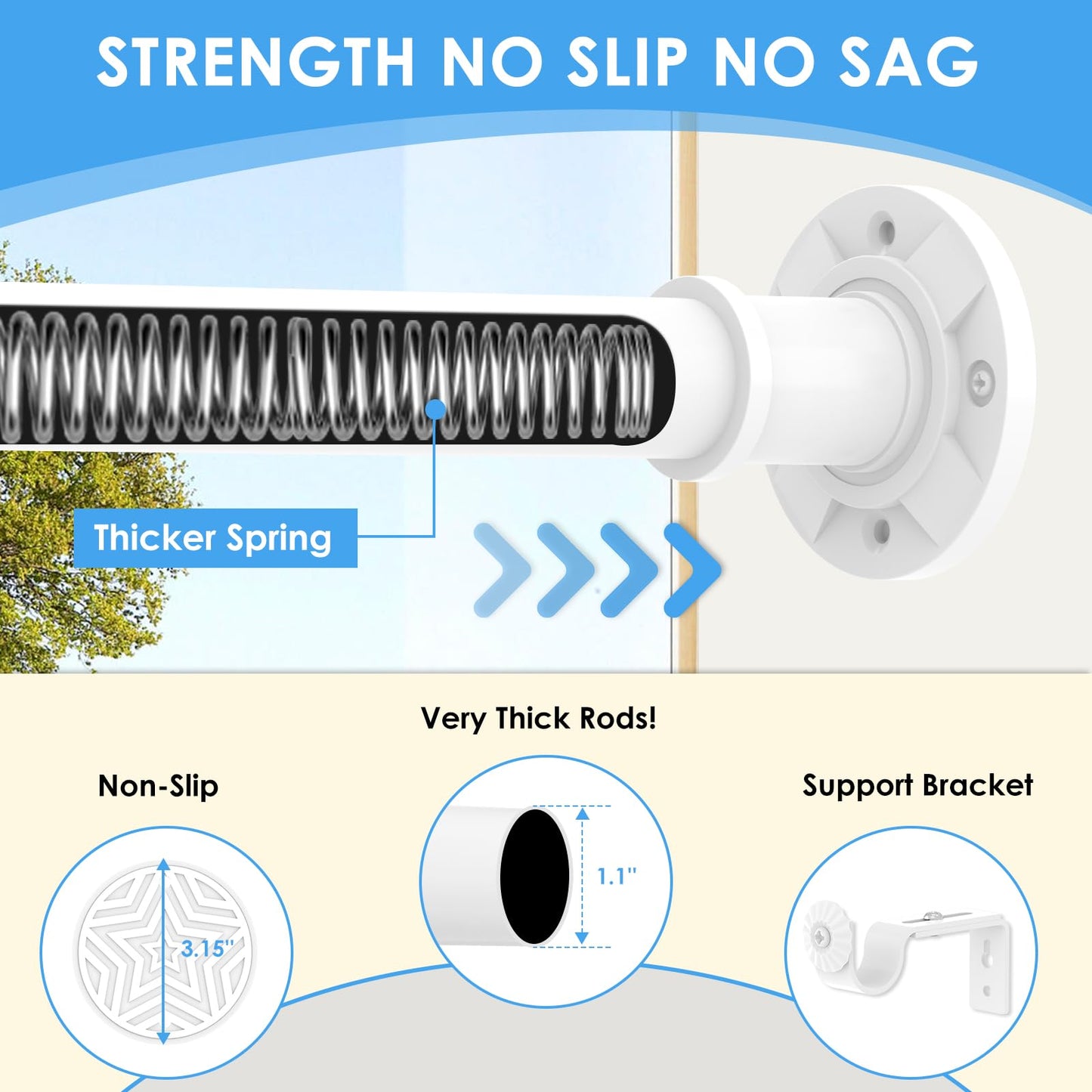 Outdoor Tension Rods for Patio White Extra Tension Curtain Rod 31-132 in(11ft) Long Curtain Rods Adjustable Heavy Duty Tension Rod for Bathroom Window No Drilling Never Rust Non Slip