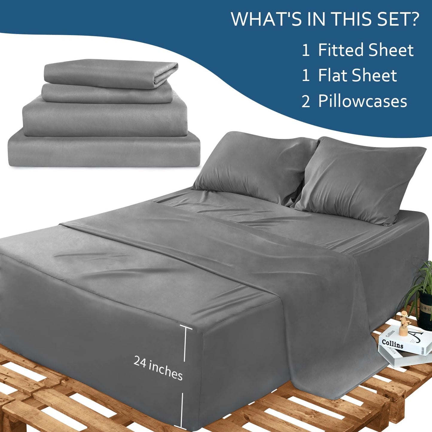Moonsea Air Mattress Queen Sheet Set Deep Pocket Queen Sheets - 4 Piece Bed Sheets Queen Size Fade Resistant Fits 16in to 24in Pillow Top Air Bed Mattress - Grey