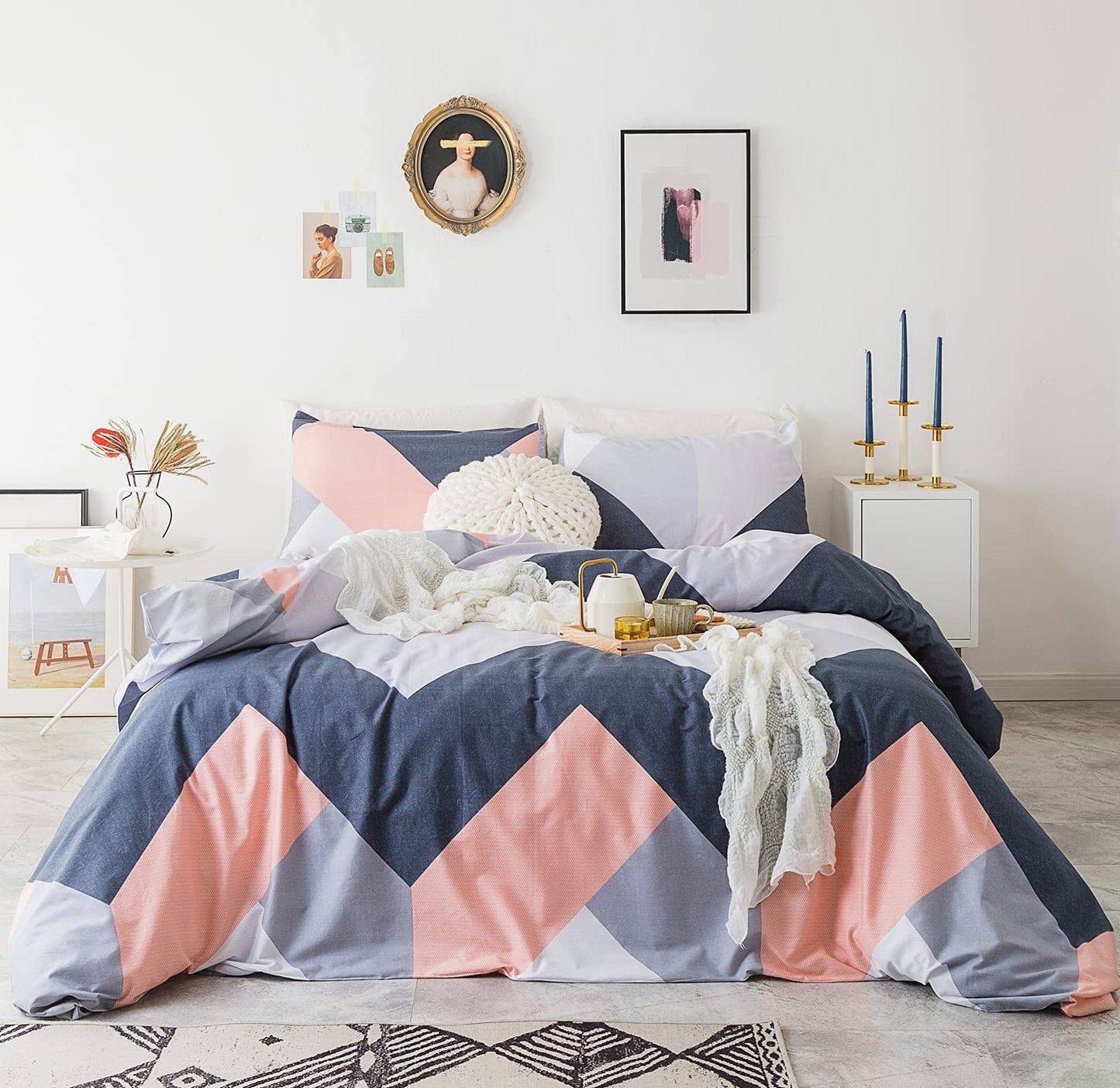 YuHeGuoJi Peach Geometric Duvet Cover Queen 100% Cotton 3 Pcs Set 1 Pink Navy Striped Duvet Cover with Zipper Ties 2 Pillowcases Modern Farmhouse Blue Chevron Patterned Bedding Set Soft
