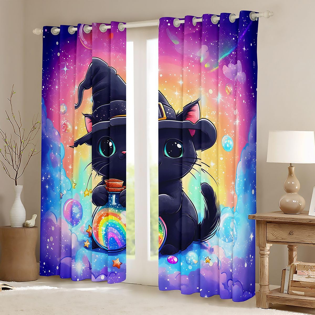 Feelyou Black Cat Curtains for Bedroom Living Room Cute Kitten Blackout Shades Rainbow Room Darkening Curtain Cute Animal Window Treatments, 2 Panels 42 x 90 Inch Decor