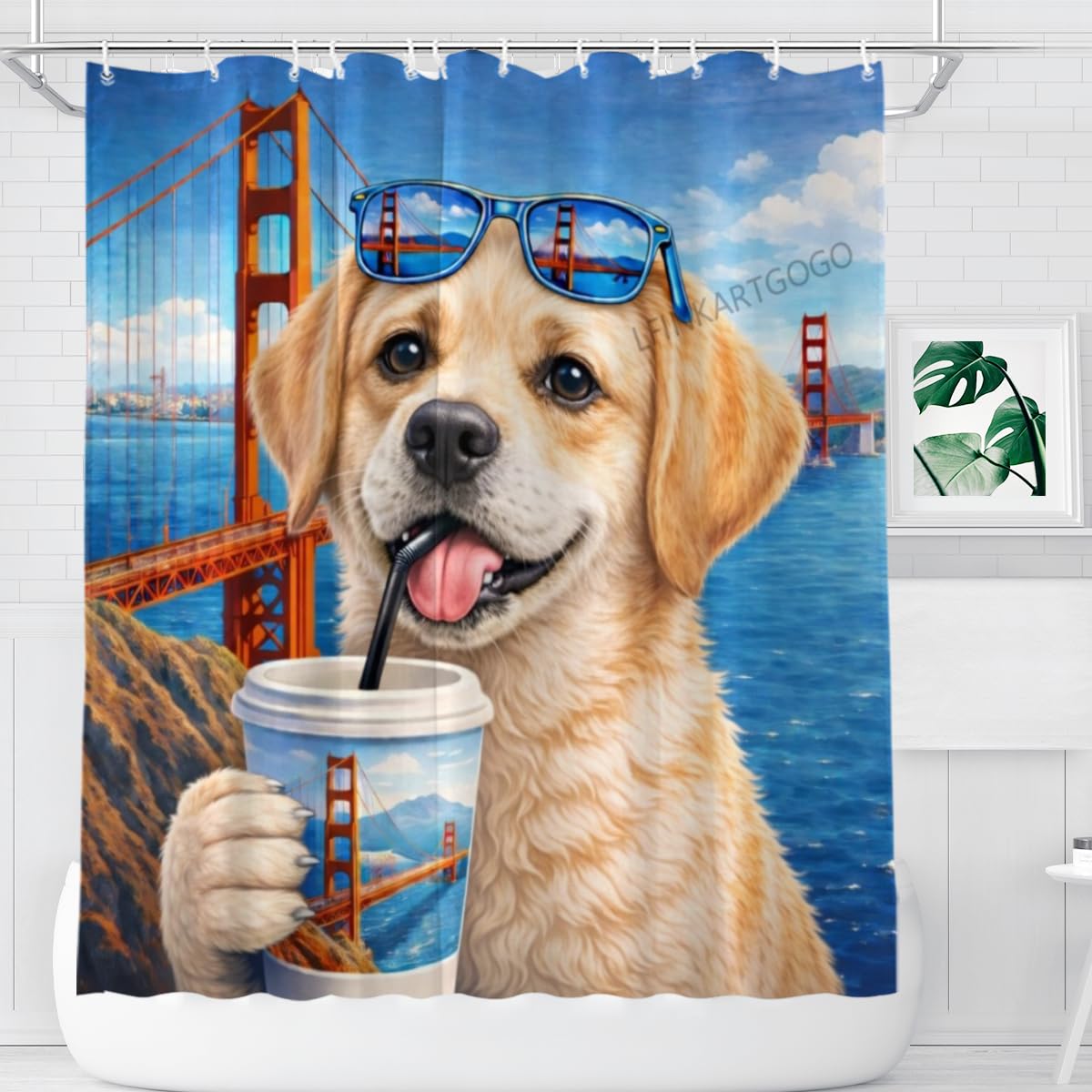 LFINKARTGOGO Golden-Gate-Bridge Labrador Retriever Shower Curtain 72x72 Inch with 12 Hooks Coastal Cityscape Bathroom Decor Cute Puppy Waterproof Washable Polyester Bath Curtain