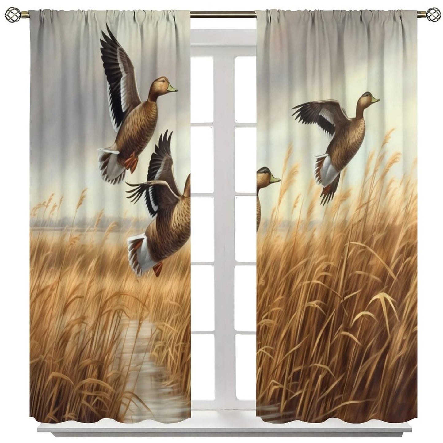 wlsgdsg Mallard Duck Curtains, Vintage Rustic Oil Painting Brown Reeds Pond Lodge Hunting Mallard Duck Animals Windows Treatments Drapes for Living Room Bedroom 42x45in（No Blackout）