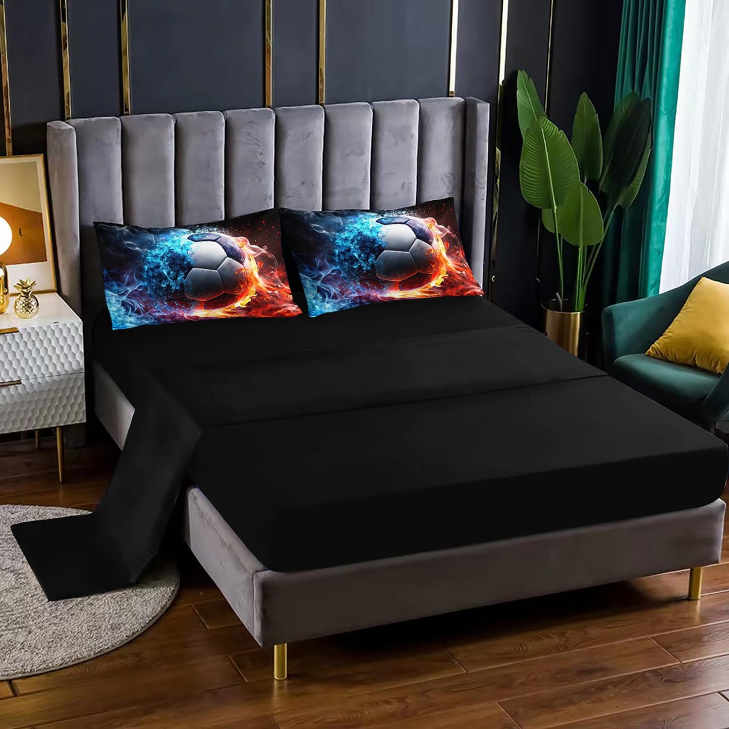 XYNHML Soccer Print Comforter 7Pcs Gaming Sport Soccer Bedding Set for Kid Teen Girl Boy Adult Ball Sports Games Ice Fire Football Quilt Bed Set Twin with 2 Sheets,2 Pillowcases,2 Throw Pillow Covers