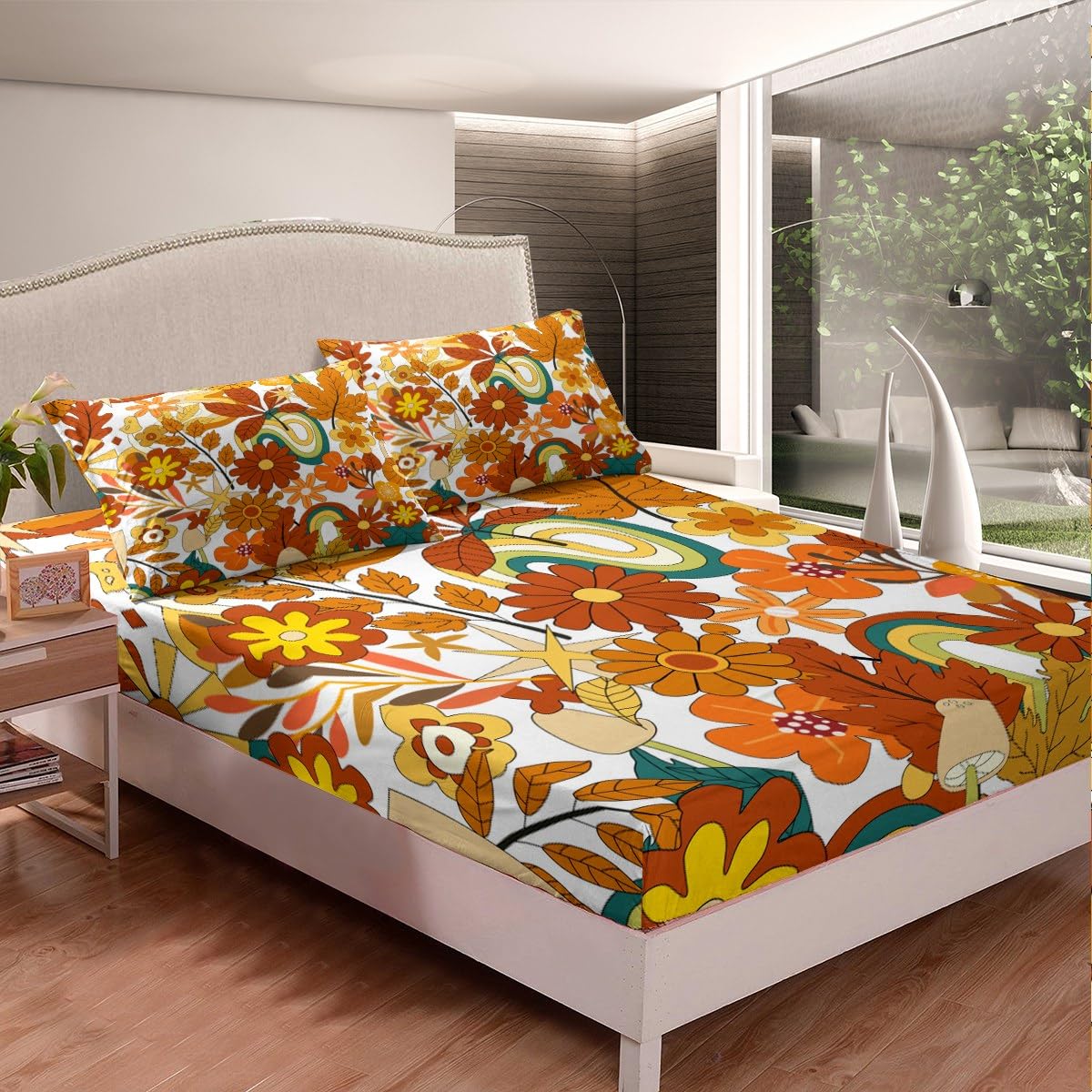 70S Groovy Hippie Flower Bed Sheets Girls Boho Rainbow Leaves Mushroom Pumpkin Flowers Sheet Set Full,Vintage Wavy Floral Bedding Set Aesthetic Psychedelic Fitted Sheet + Flat Sheet + 2 Pillow Cases