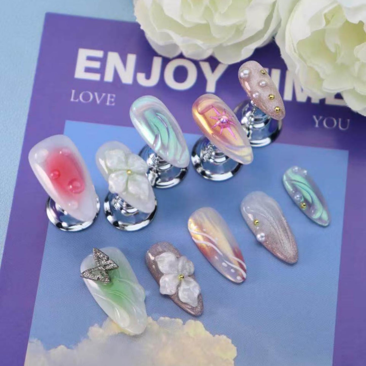 3D Floral Press on Nails Medium Almond Fake Nails Pure Handcrafted Nail Aurora Ombre Nail Press ons with Butterfly Design Stick on Nail for Women Spring Manicure(L)