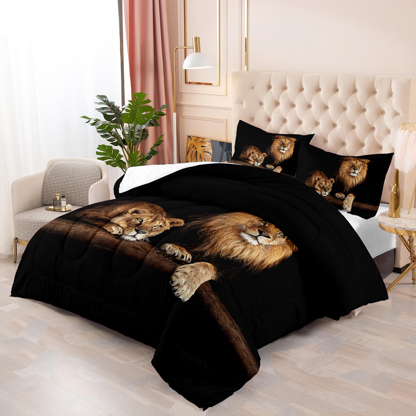 Tuzaovy Lion and Lioness Comforter Set Queen Size,Lion Bedding Set Queen,Queen Animal Print Black Comforter Set,Tropical African Animal 3D Print Bedding Black Bed Set