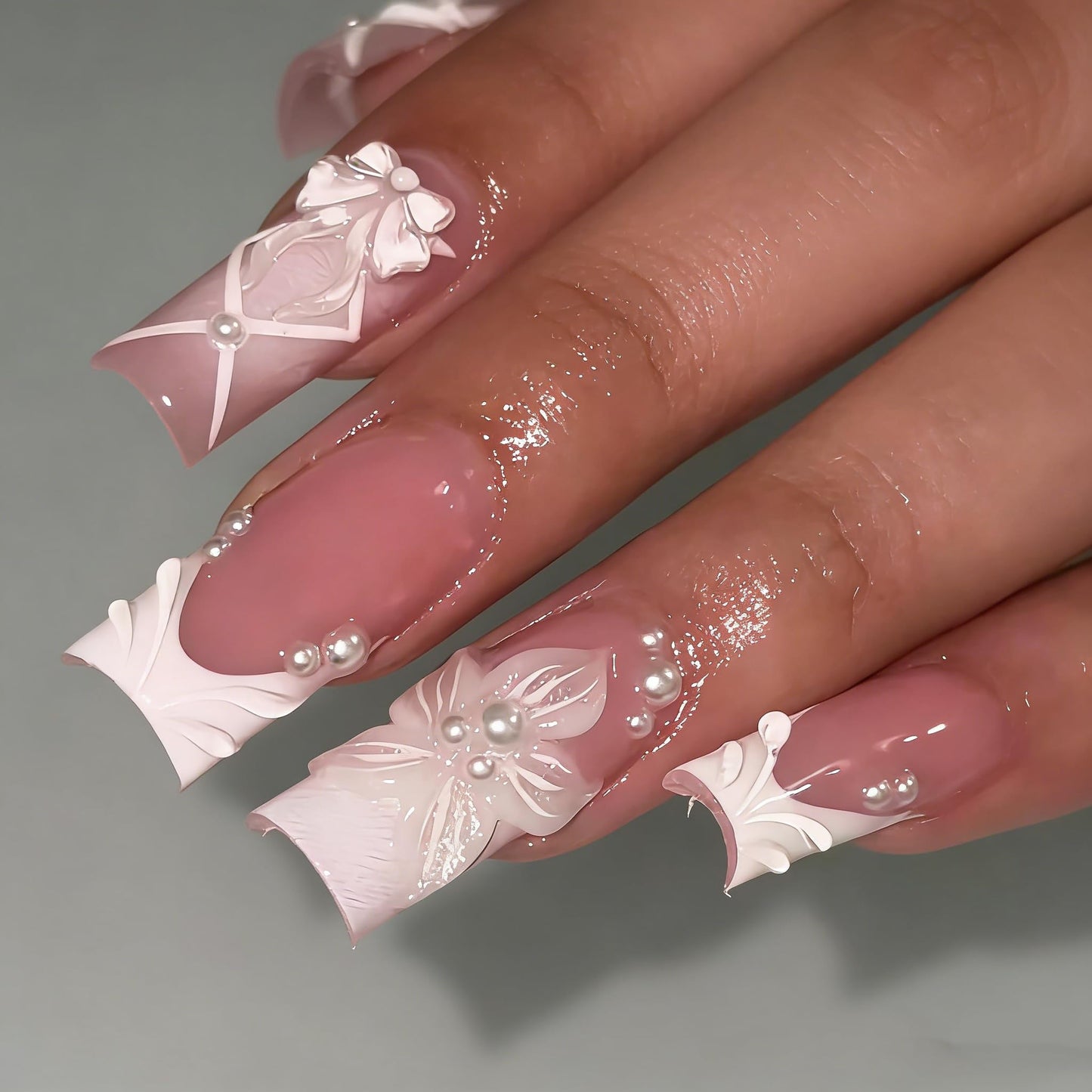 BABALAL Press On Nails, Long Square Fake Nails, Pink French Tip False Nails With 3D White Flower, Bow And Pearl Charm Decor, Reusable Fake Nails Set 24Pcs