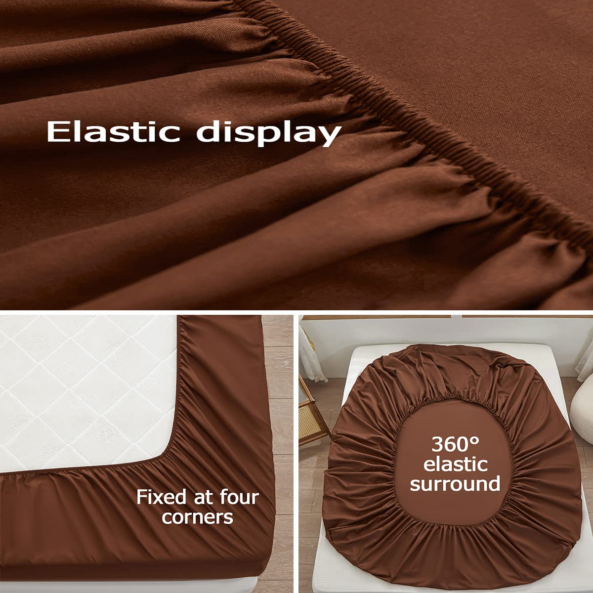 Rushrushlulu Bedding Queen Size Fitted Sheet Only- Bottom Mattress Fitted Sheet-Fits 15inches Deep Mattress Pocket -Soft and Microfibe-Shrinkage and Fade Resistantr-Easy Care-Brown