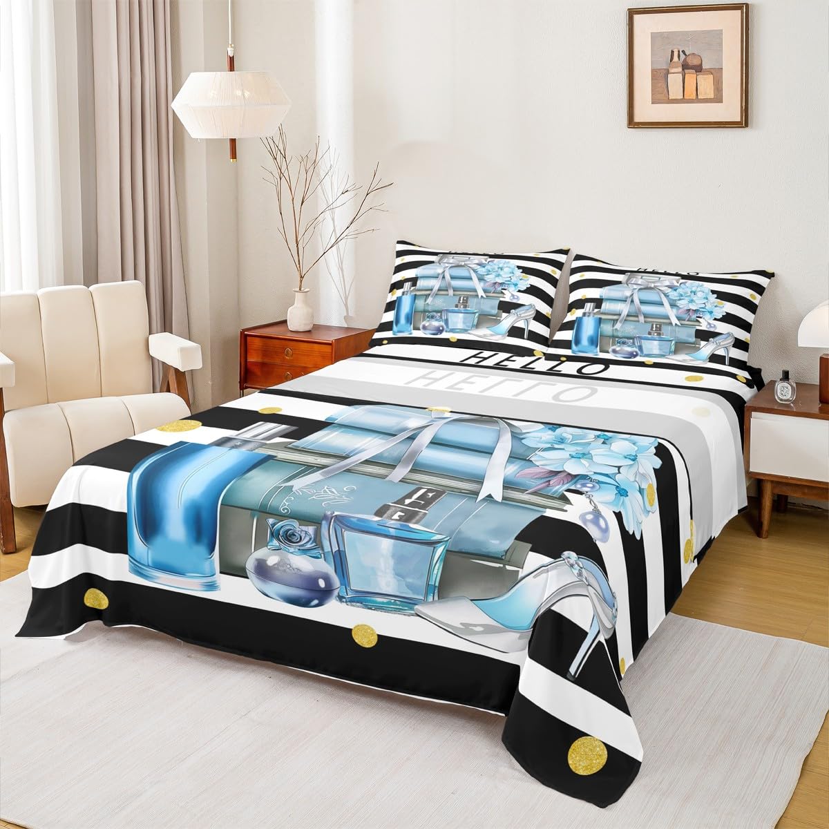 Erosebridal Black and Blue Bed Sheets King Size Fashion Black White Girly Sheet Set for Girl Women Modern Flower Floral Perfume Striped Bedding Set High Heels Magazine Books Sheets