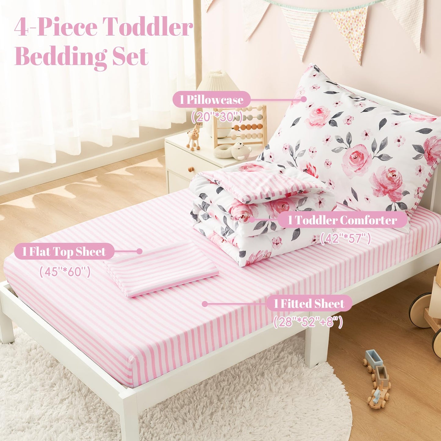 PHF 4 Piece Toddler Bedding Set, Ultra Soft Toddler Comforter Sets Include Comforter, Fitted Sheet, Flat Top Sheet and Pillowcase for Girls, Floral Bed in A Bag for Baby Bedroom, Floral