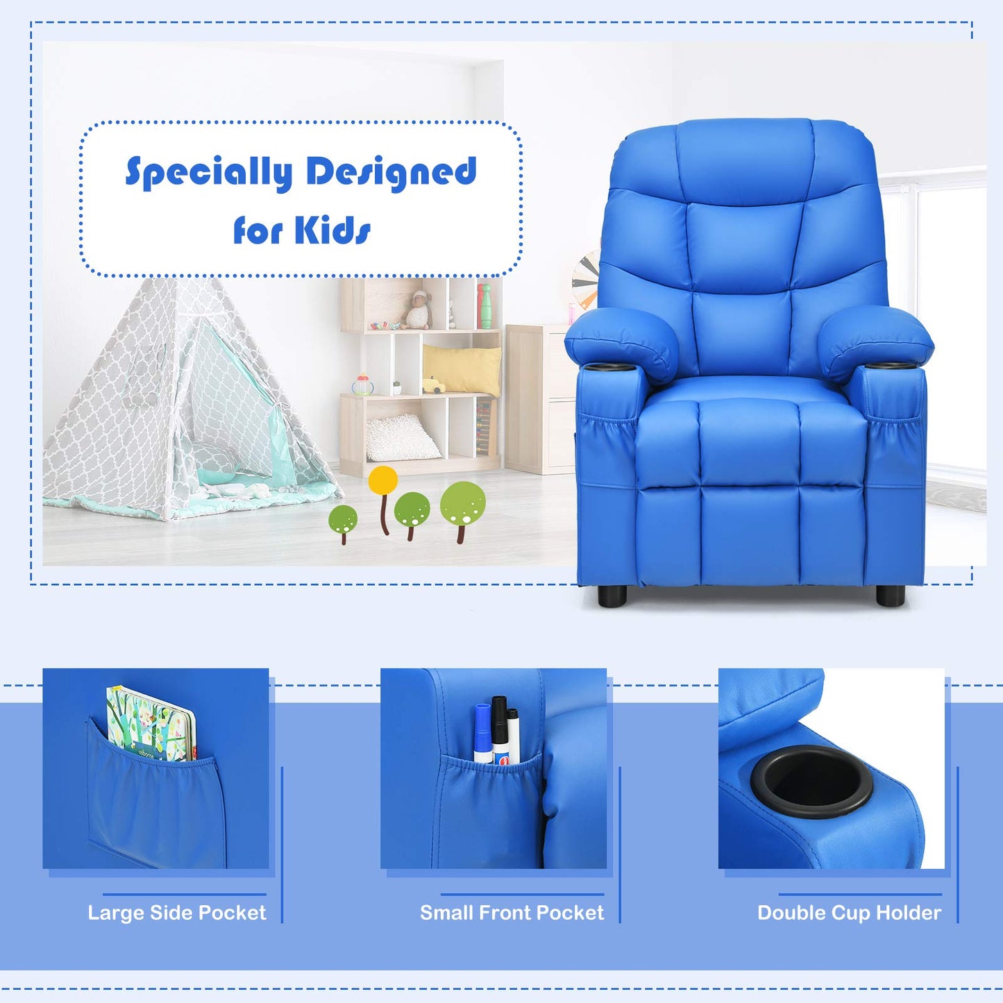 Costzon Kids Recliner Chair with Cup Holder, Adjustable Leather Lounge Chair w/Footrest & Side Pockets for Children Boys Girls Room, Ergonomic Toddler Furniture Sofa, Kids Recliner (Blue)