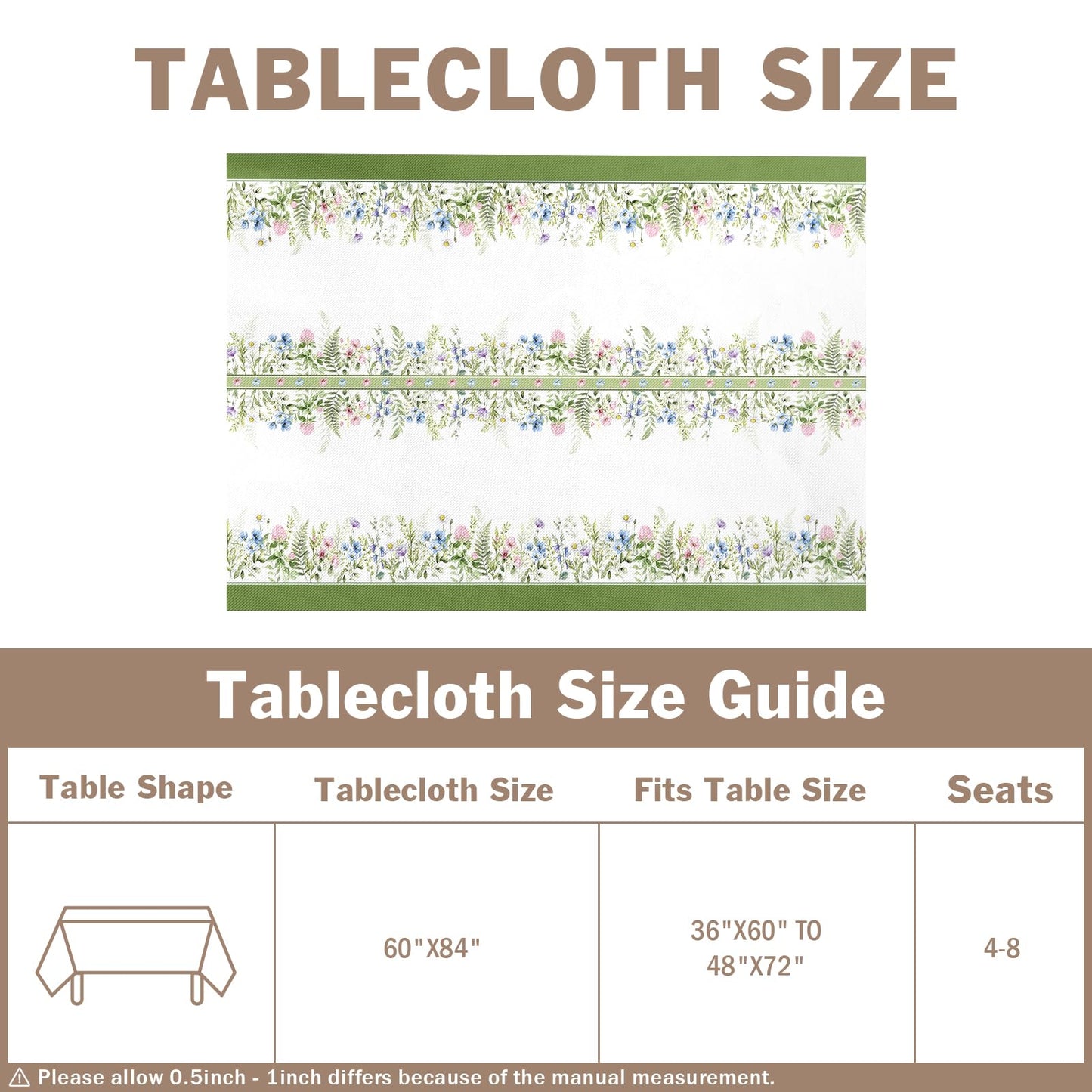 Kwlegh Spring Summer Tablecloth 60x84 Inch Sage Green Wildflower Table Cover Floral Print Reusable Washable Rectangular Tablecloths for Dining Decor Party Picnic Indoor Outdoor
