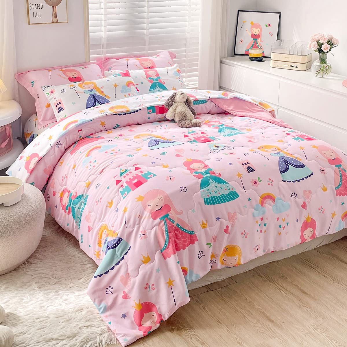 Wajade Kids Pink Princess Comforter Set Bed in A Bag Full Size 7 Piece Princess Fairy Tales Castle Bedding Set for Girl (1 Comforter, 1 Flat Sheet, 1 Fitted Sheet, 2 Pillowcase and 2 Pillow Sham)
