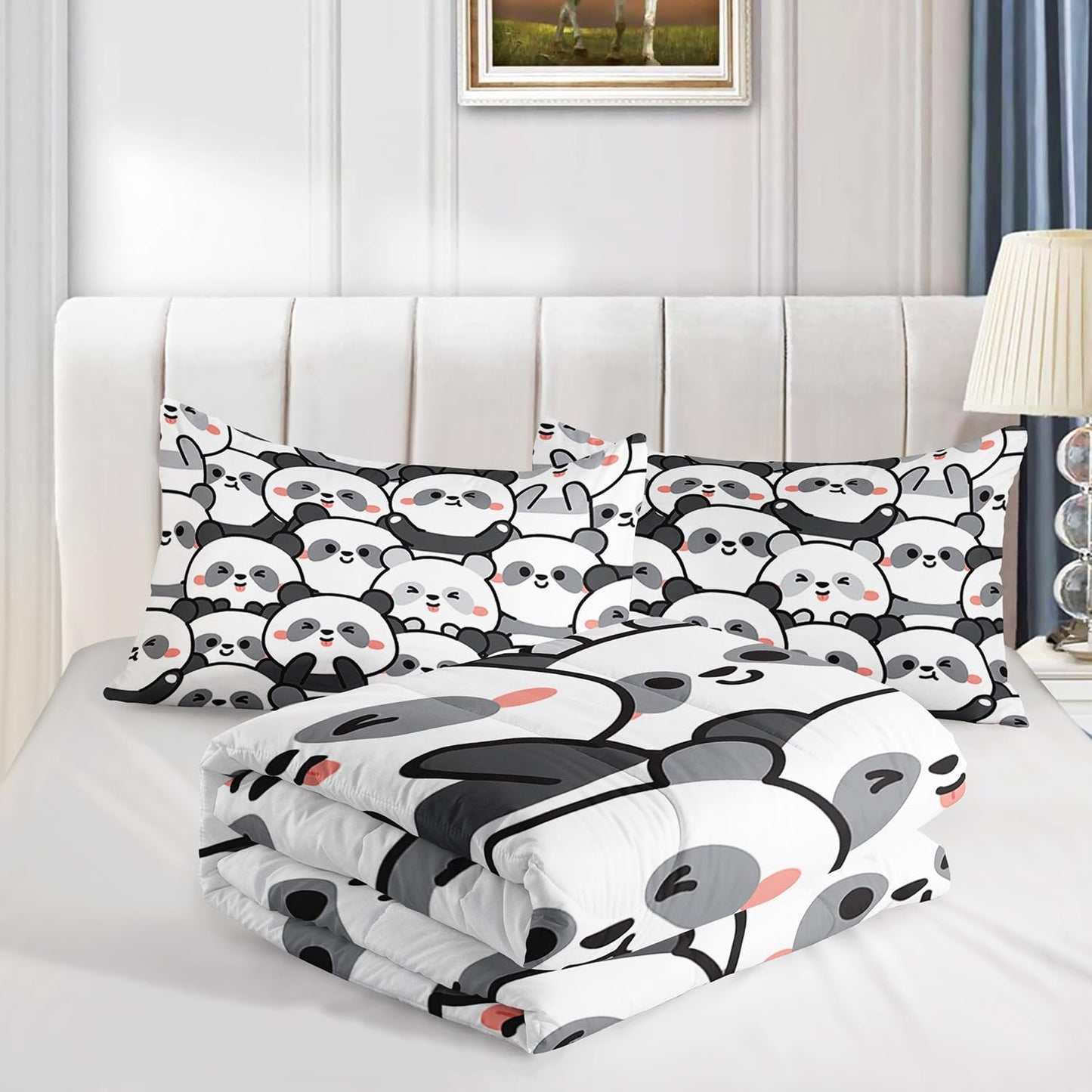 XYNHML Kawaii Cartoon Black White Panda Bedding Animal Themed Comforter 3Pcs Full Bear Pattern Bedding Set for Kids Teens Girls Boys Bed Decor Emoticon Panda Quilt with 1 Comforter and 2 Pillowcases