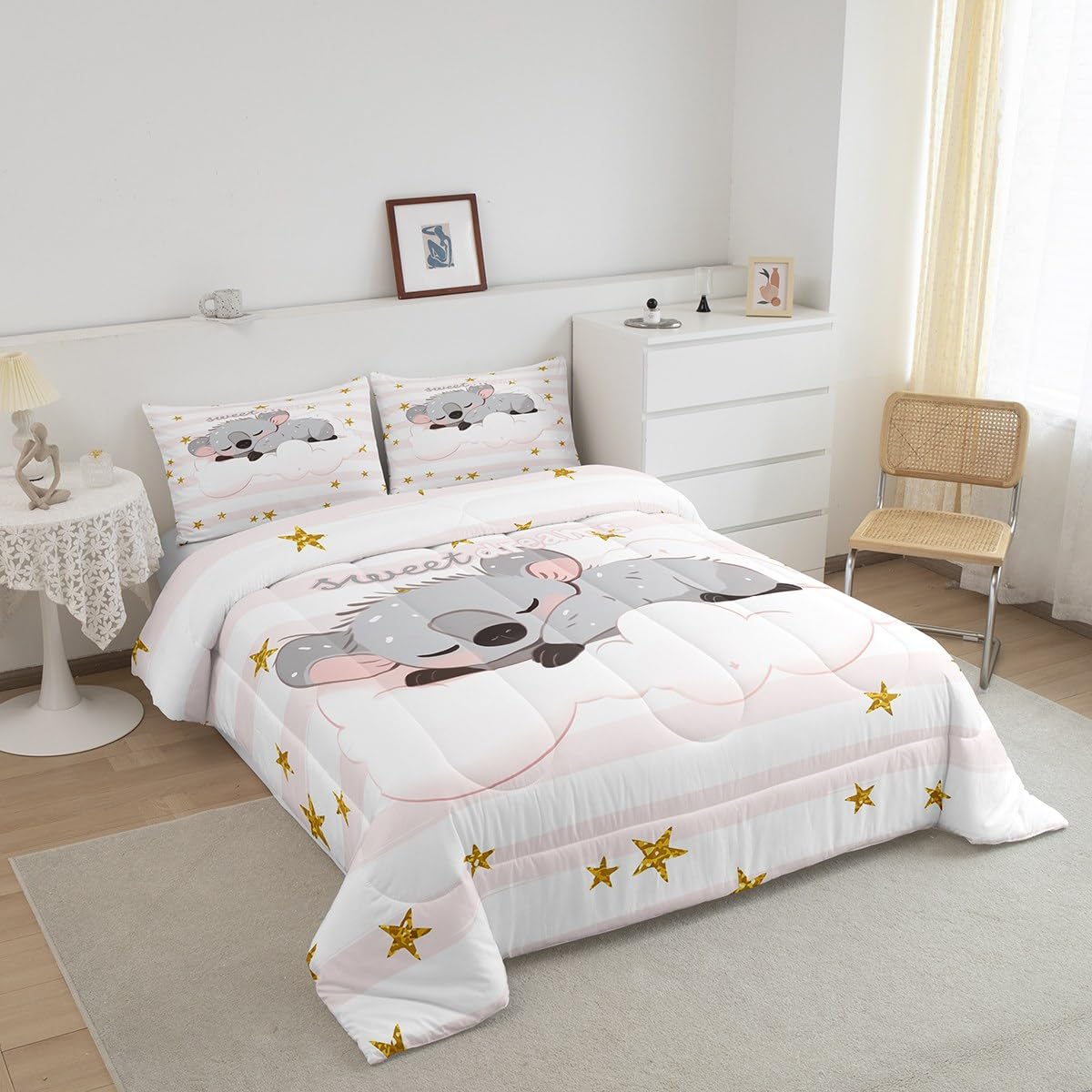 Manfei Cute Koala Comforter Set Twin Size, Cartoon Animal Quilt Set with 1 Pillowcase, Pink White Stripe Print Bedding Set 2pcs for Kids Girls Bedroom Decor, Gold Star Print Duvet Set