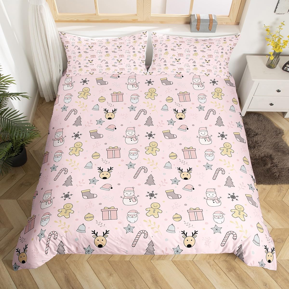 Merry Christmas Bedding Sets Twin Size,Cute Snowman Deer Duvet Cover Set 2Pcs for Kids Girls Boys Adult Room Decor,Cartoon Santa Claus Comforter Cover Pink Snowflake Quilt Cover,1 Pillowcase