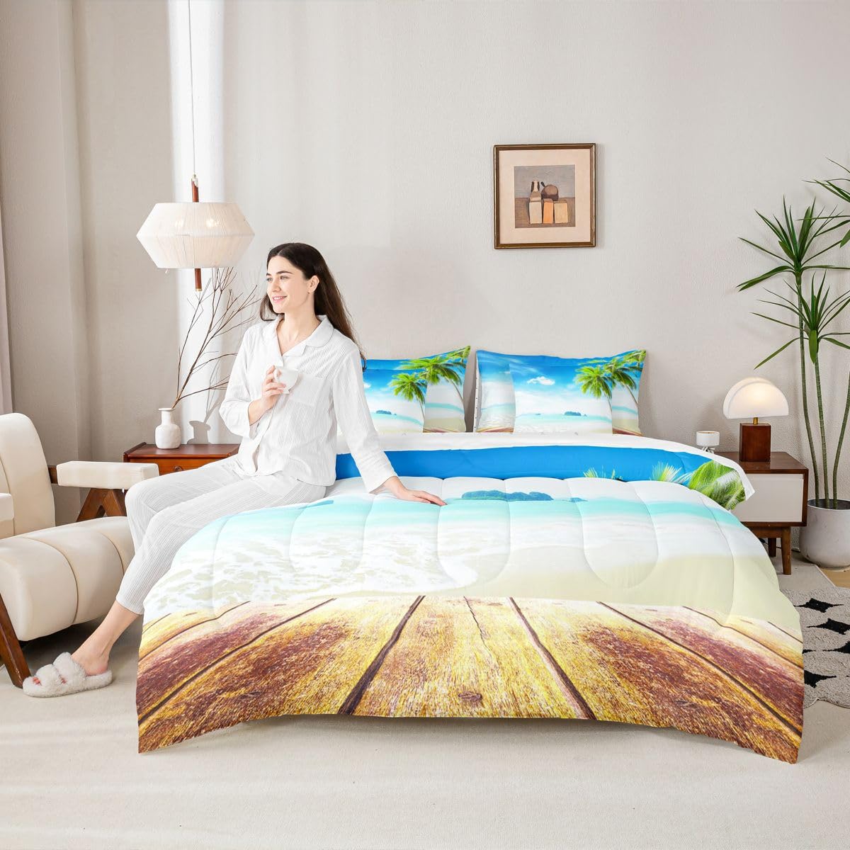 Erosebridal Beach Comforter Set King Size 7 Pieces, Ocean Bed in A Bag, Tropical Palm Tree Hawaiin Bedding Set with Comforters, Sheets, Pillowcases Coastal Nature Theme Bedroom Decor