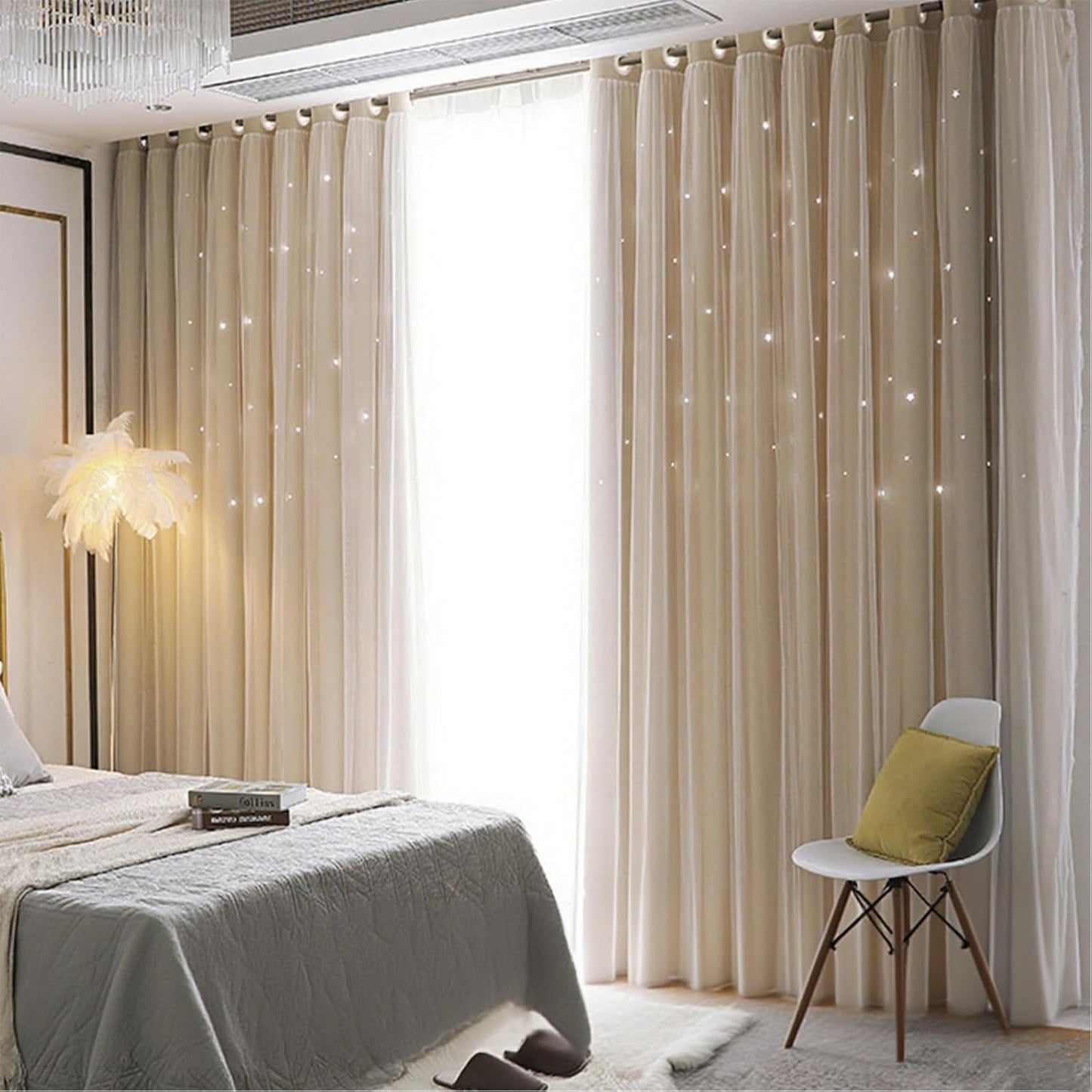 AOWELLOW Beige Star Blackout Curtains 120 Length for Boy Bedroom 2 Panels Set, Privacy Boho Room Darkening Curtain for Glass Door, Thick Grommet Top Star Cutout Cute Kids Curtain (40" W x 120" L)