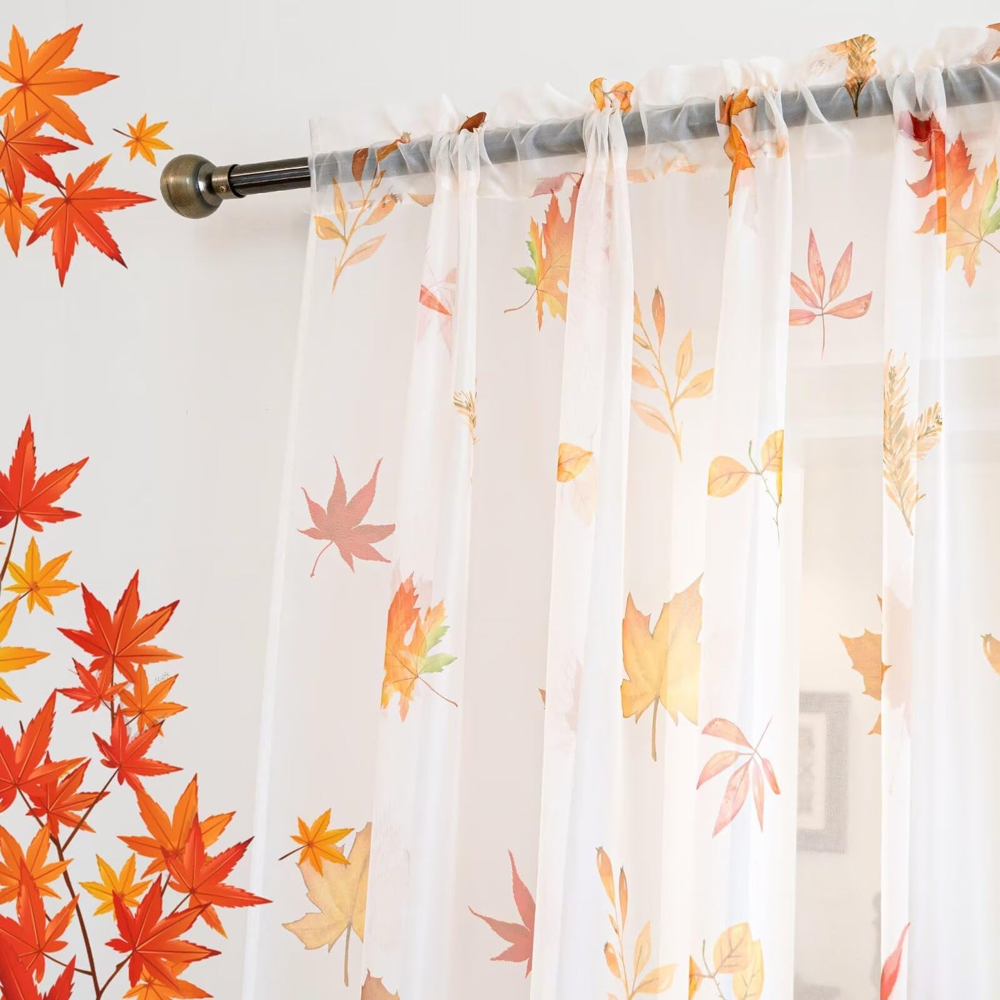youleyar Fall Sheer Curtains for Living Room 63 Inches Long 2 Panels Orange Semi-Sheer Curtain with Maple Leaves Printed Pattern Fall Rod Pocket Voile Drapes for Bedroom, 52" W x 63" L