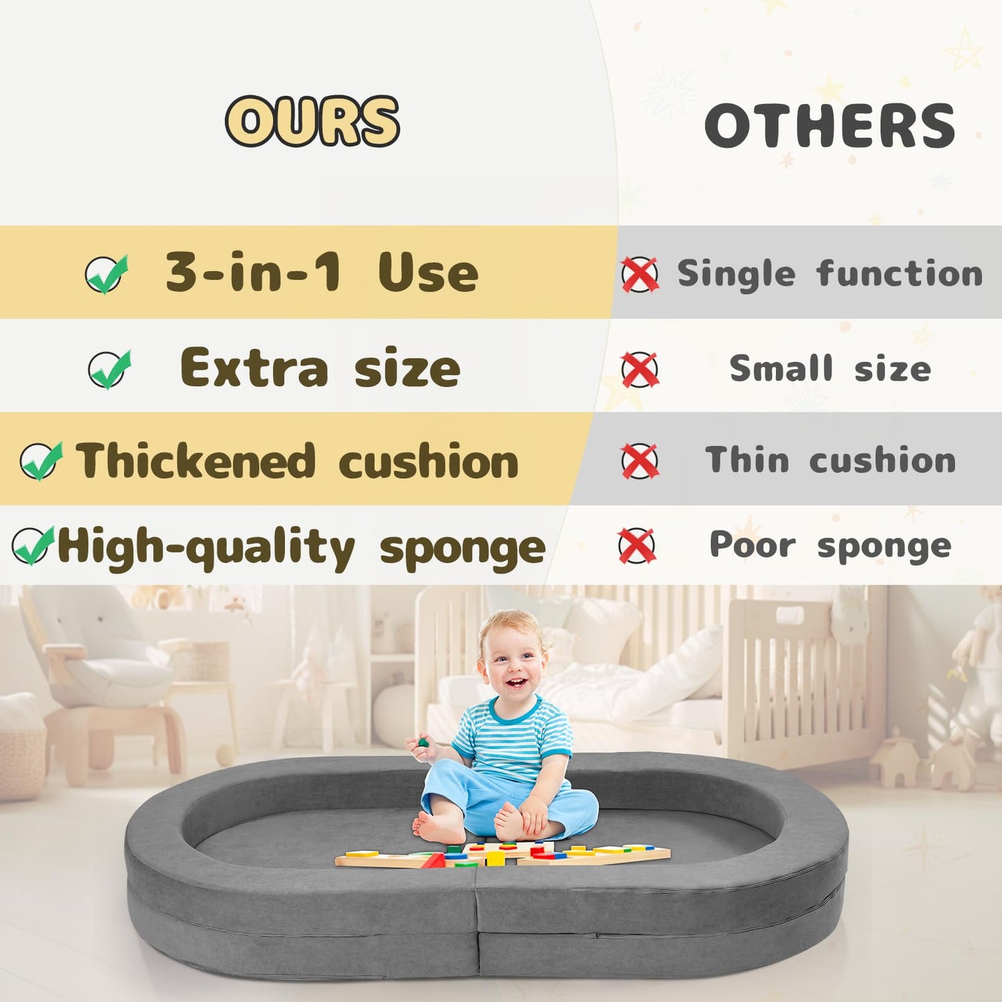Tykacna Travel Toddler Bed, 3-in-1 Portable Foldable Toddler Chair,Soft Foam Floor Bed Lounger with Washable Cover,Grey