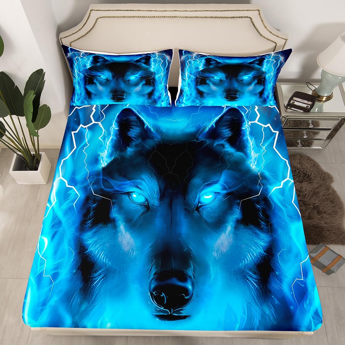 Wolf Bedding Set Safari Animal Pattern Bed Sheet Set Cool Wildlife Style Fitted Sheet for Boys Girls Kids Room Decor Glitter Blue Wild Wolf Lightweight Bed Cover Twin Size with 1 Pillow Case