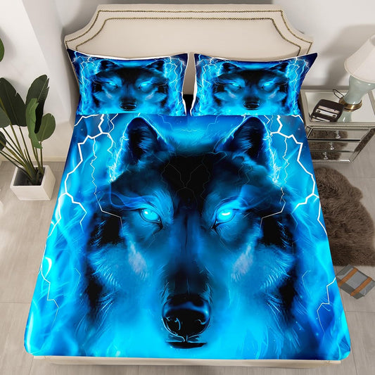 Wolf Bedding Set Safari Animal Pattern Bed Sheet Set Cool Wildlife Style Fitted Sheet for Boys Girls Kids Room Decor Glitter Blue Wild Wolf Lightweight Bed Cover Twin Size with 1 Pillow Case