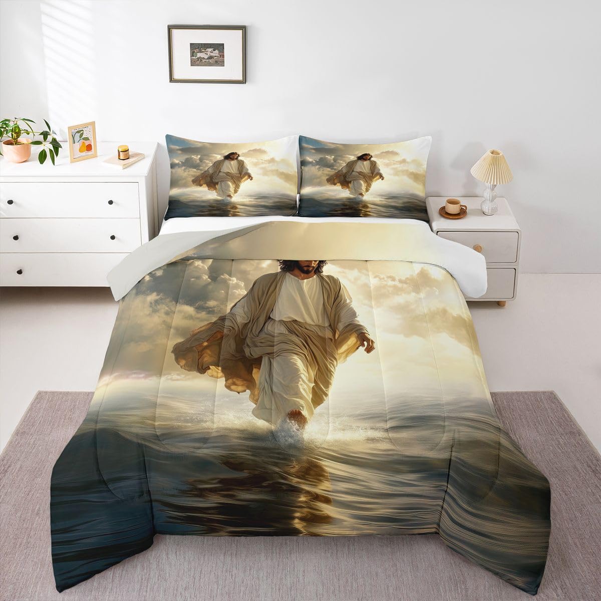 God Walking on Water Kids Comforter Set Twin Size,Western Faith Bible Verse Bedding Set Boys Girls Room Decor,Spiritual Artwork Quilt Comforter,Yellow Gray Duvet Set Bedroom Quilt Set,1 Pillowcase
