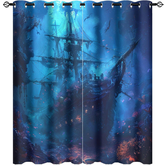 TOWINSFB Ocean Fish Shipwreck Blackout Curtains for Bedroom/Living Room, Horror Vintage Pirate Ship Grommet Curtains Thermal Insulated Window Drapes, 2 Panels, Each 21W x 45L