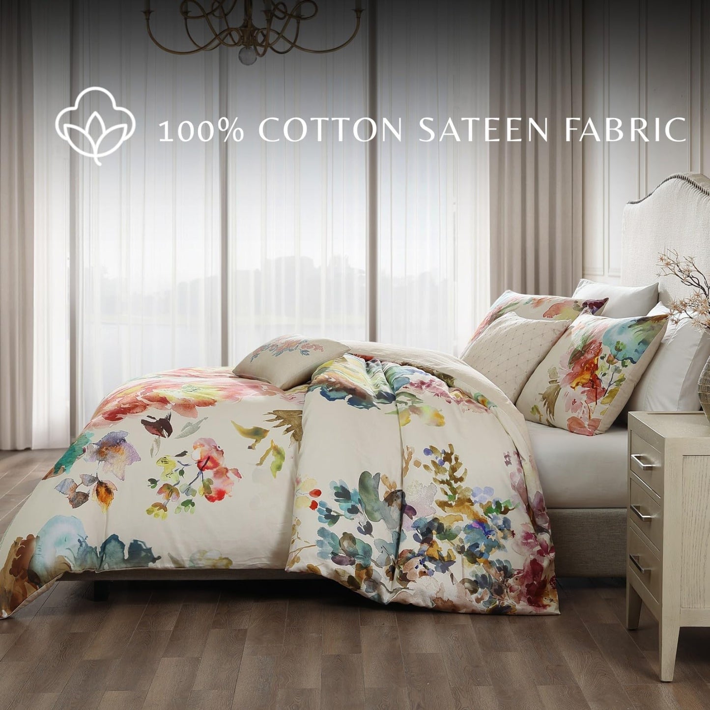 Bebejan Antique Flowers 5 Piece Comforter Set, 100% Cotton Sateen, 200 Thread Count, Ivory Floral Reversible Bedding Comforter Set, 1 Comforter, 2 Shams & 2 Pillows (King/Cal King)