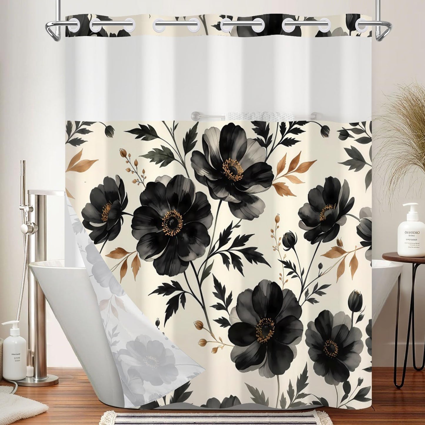 Xiazhilaio Black Floral Shower Curtain with Snap in Liner, 71x74 Inch